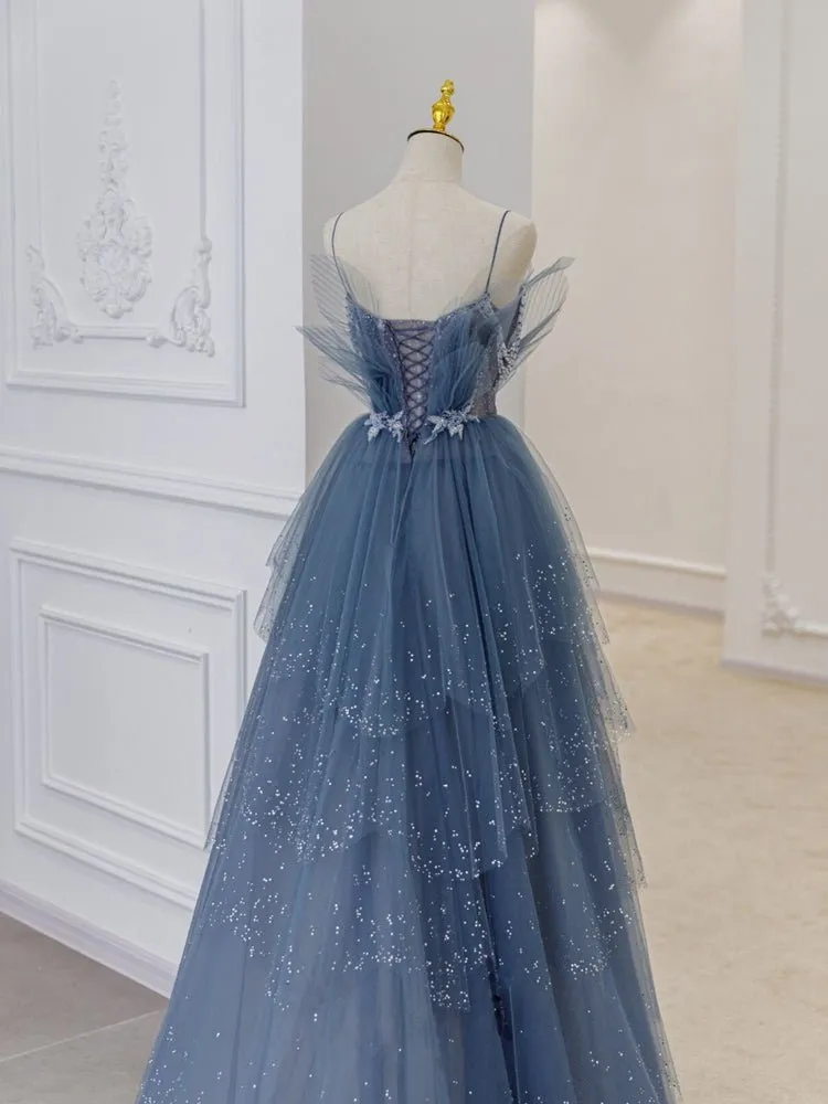 A Line Tulle Sweetheart Off the Shoulder Beads Open Back Prom Dresses