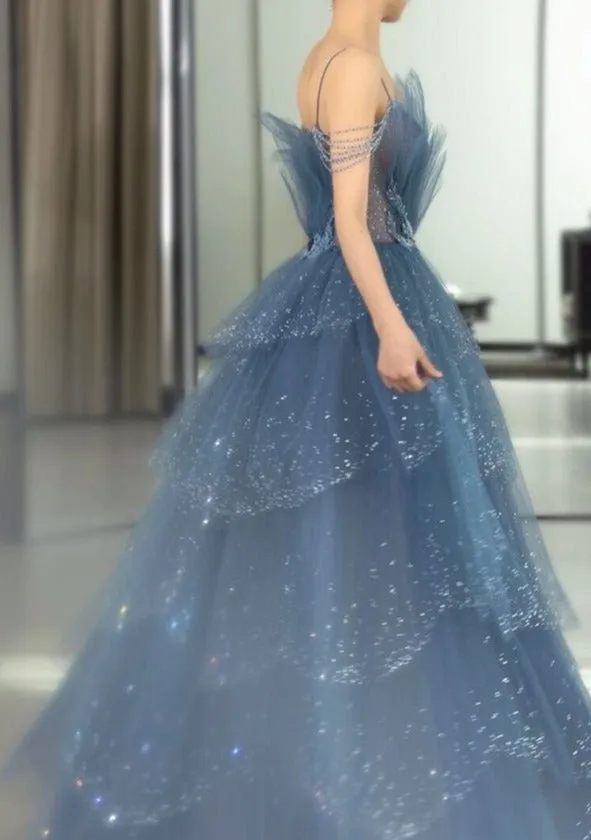 A Line Tulle Sweetheart Off the Shoulder Beads Open Back Prom Dresses