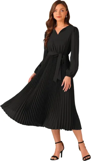 Allegra K Elegant Pleated Swing Dress for Women's Solid Sleeveless V-Neck Long Sleeve Work Dress