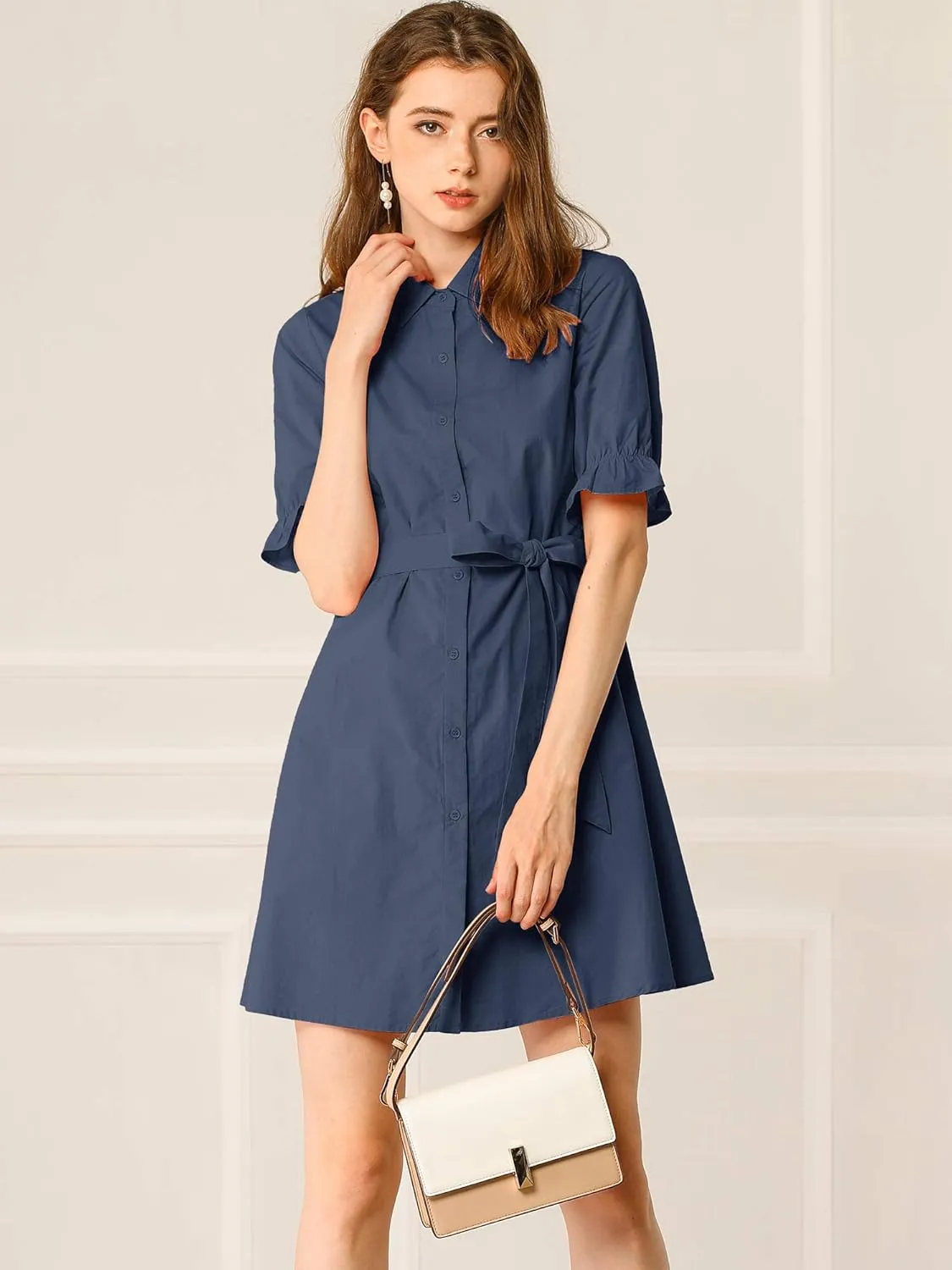 Allegra K Women's 2024 Summer Ruffled Short Sleeve Cotton Solid Color Belted Button Down Shirt Dress