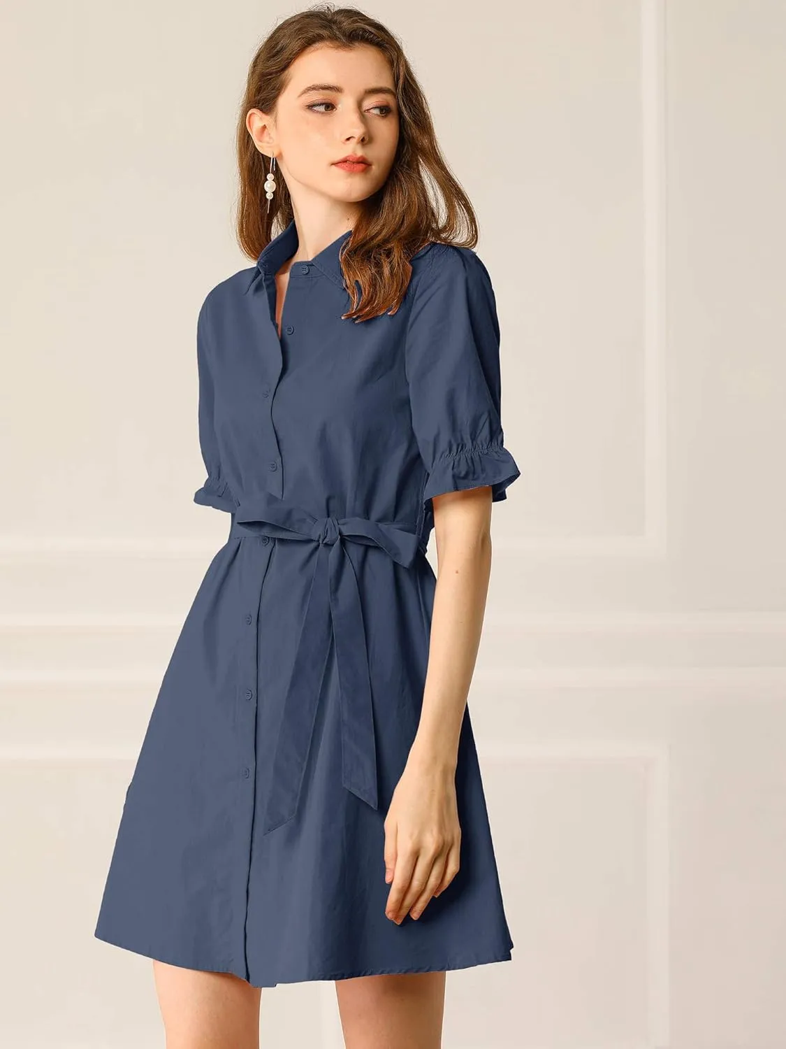 Allegra K Women's 2024 Summer Ruffled Short Sleeve Cotton Solid Color Belted Button Down Shirt Dress