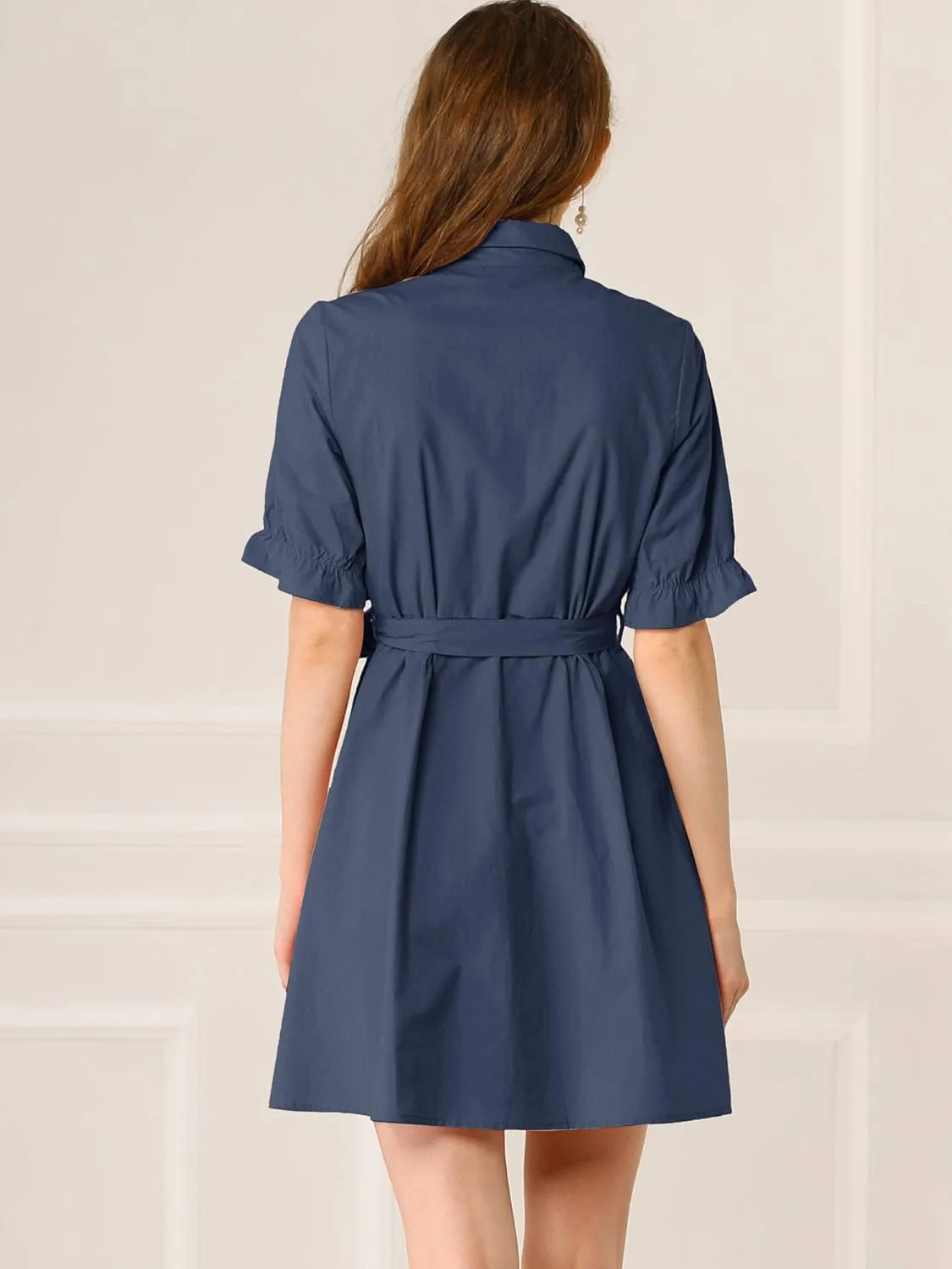 Allegra K Women's 2024 Summer Ruffled Short Sleeve Cotton Solid Color Belted Button Down Shirt Dress
