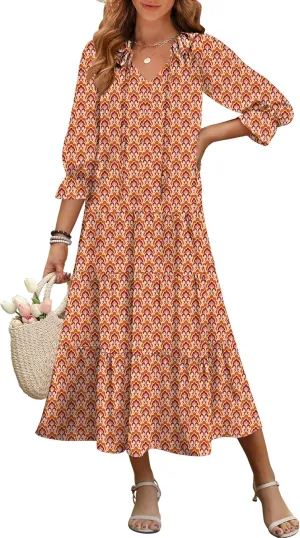 ANRABESS Women's Boho Maxi Dresses 2025 Summer Casual V Neck Puff Sleeve Floral Tiered Flowy Swing Beach Vacation Long Dress