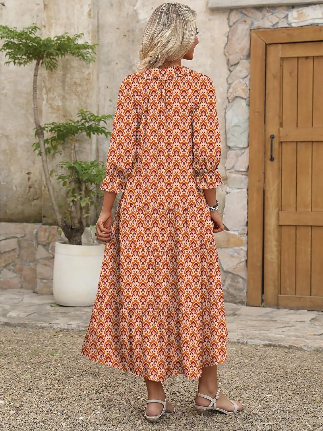 ANRABESS Women's Boho Maxi Dresses 2025 Summer Casual V Neck Puff Sleeve Floral Tiered Flowy Swing Beach Vacation Long Dress