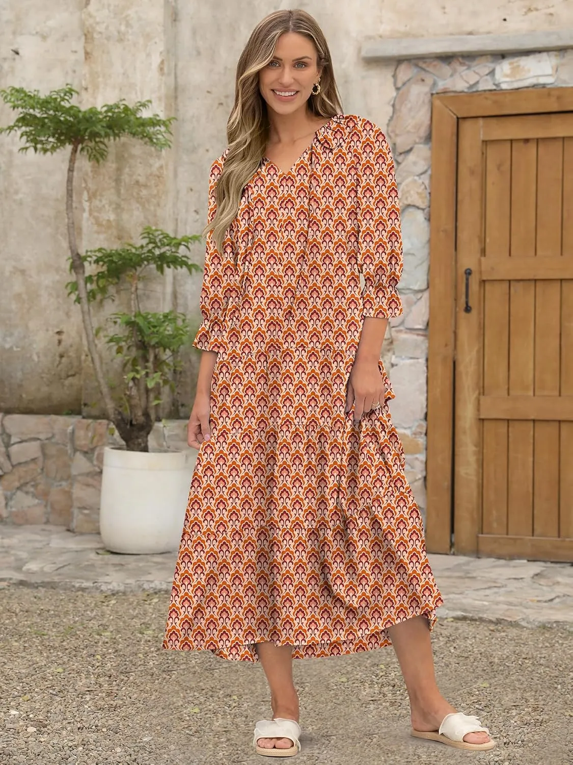 ANRABESS Women's Boho Maxi Dresses 2025 Summer Casual V Neck Puff Sleeve Floral Tiered Flowy Swing Beach Vacation Long Dress