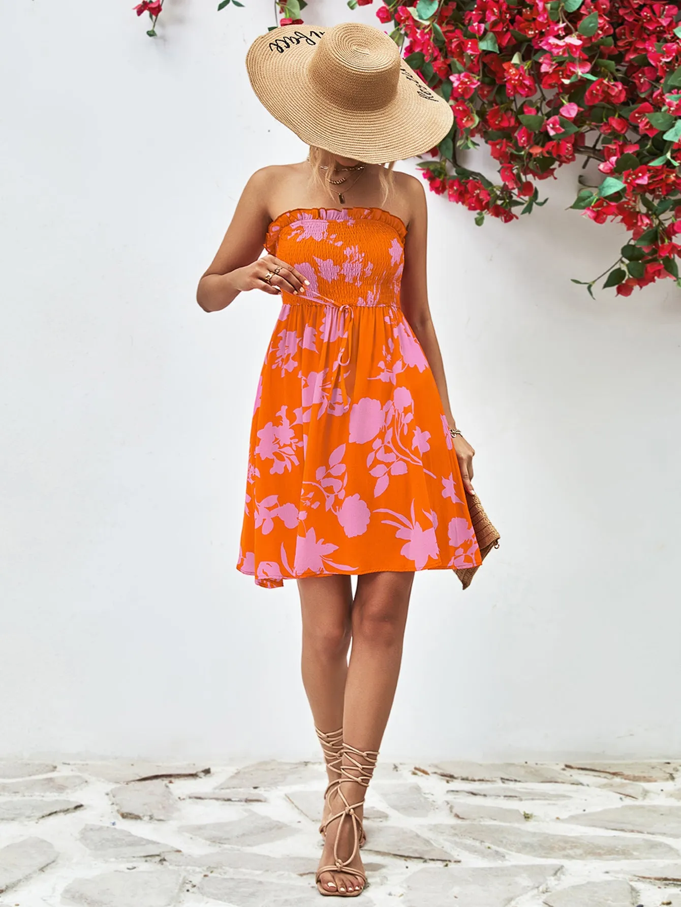 *APP EXCLUSIVE* Floral Frill Trim Strapless Smocked Dress
