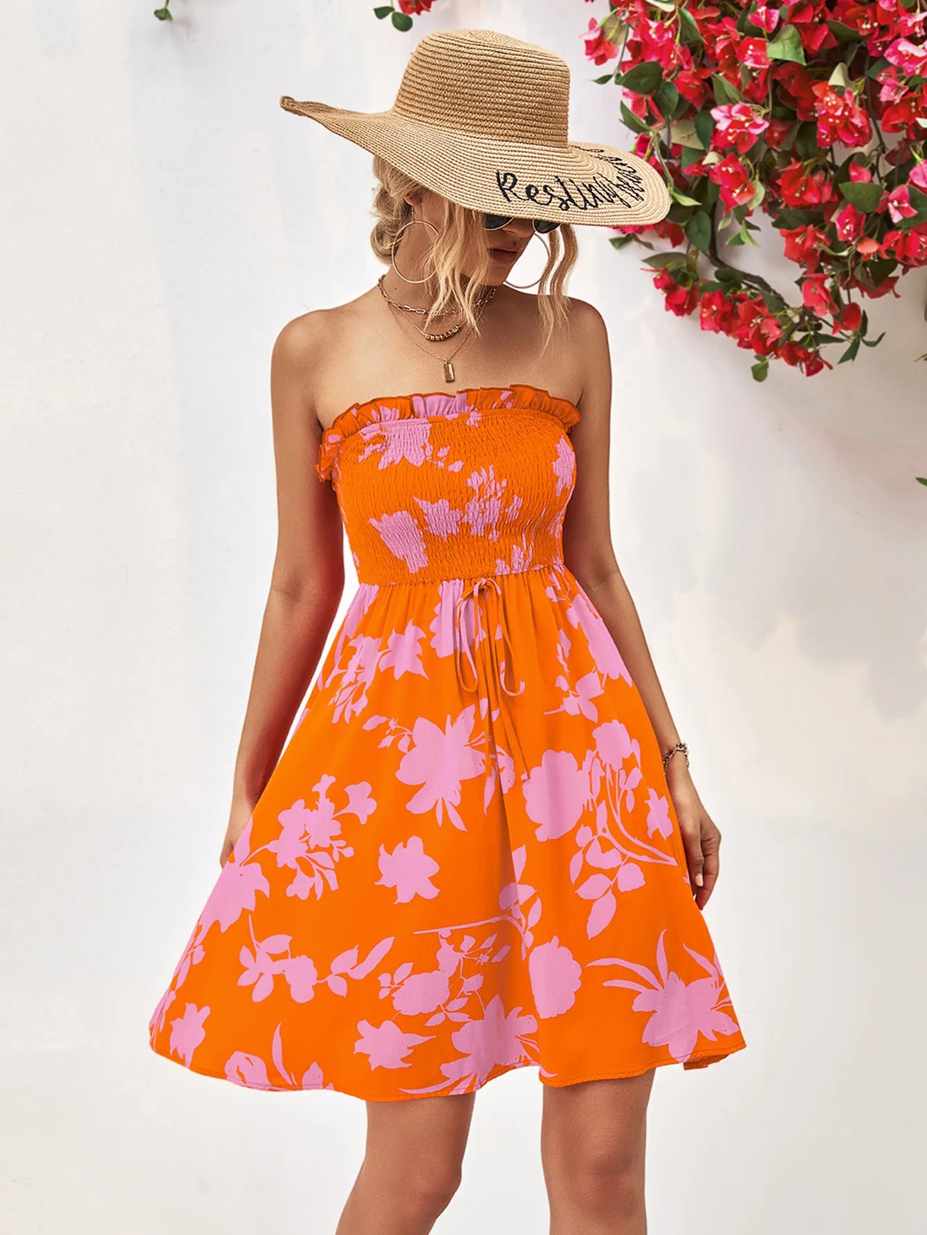 *APP EXCLUSIVE* Floral Frill Trim Strapless Smocked Dress