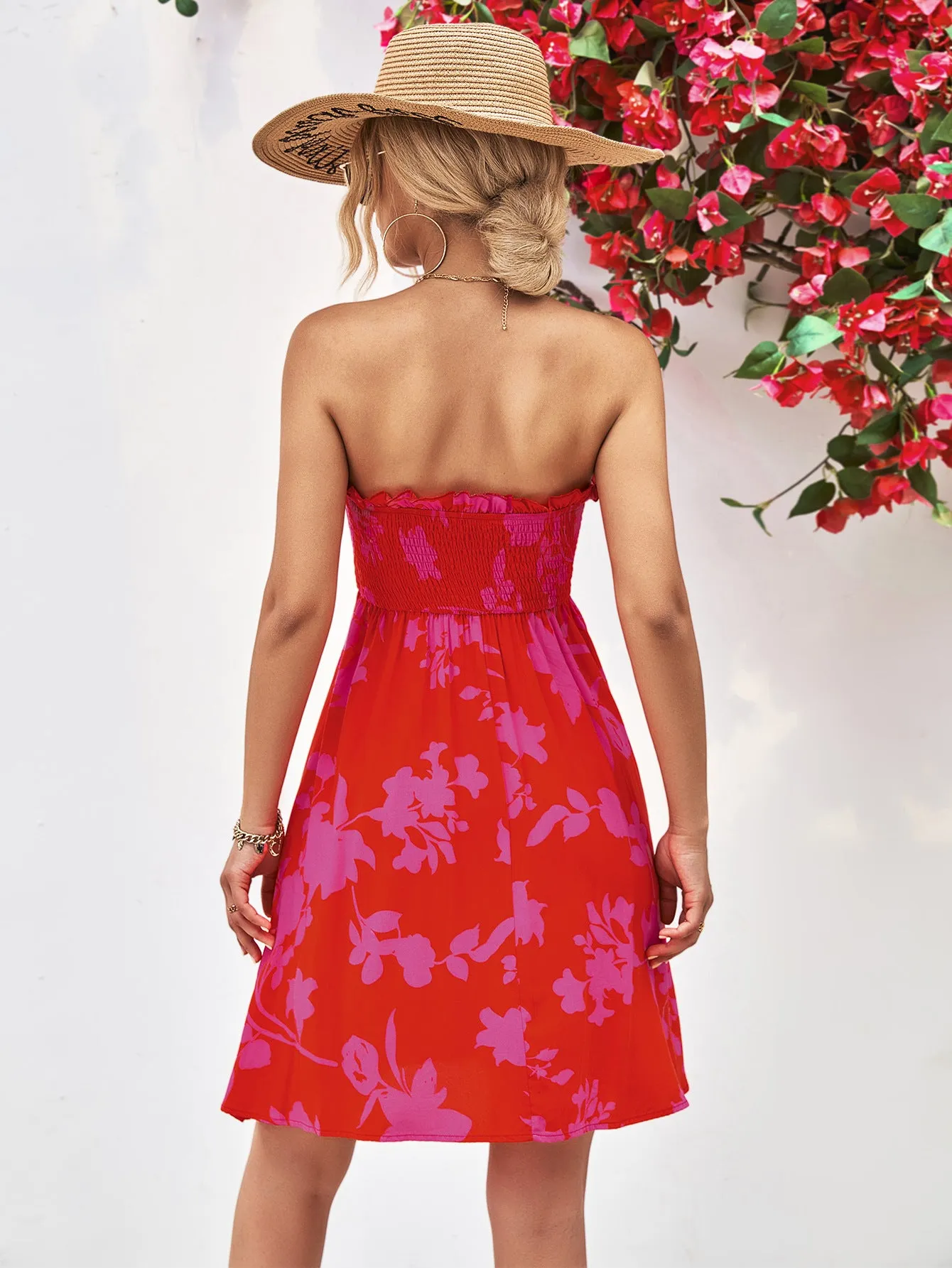 *APP EXCLUSIVE* Floral Frill Trim Strapless Smocked Dress