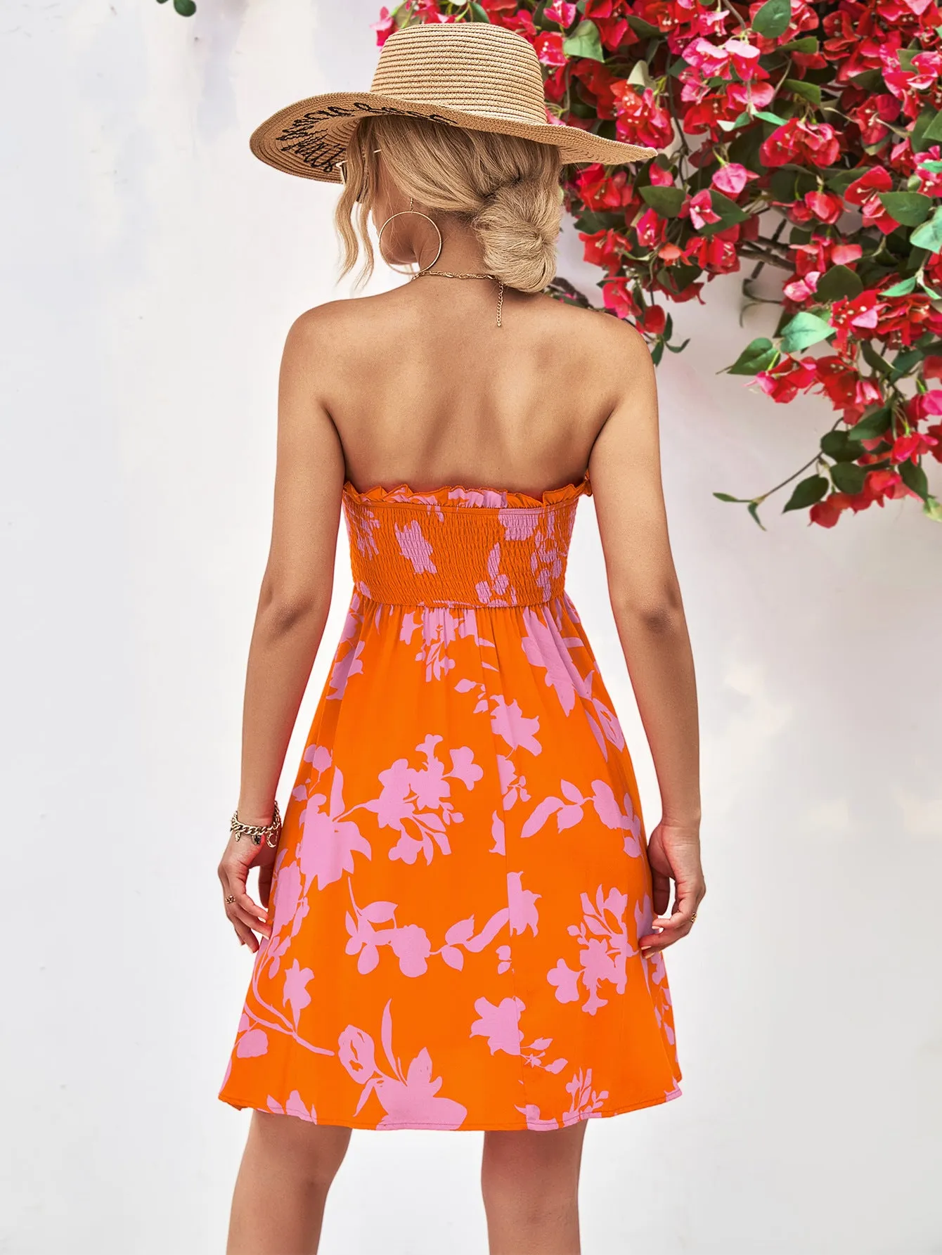 *APP EXCLUSIVE* Floral Frill Trim Strapless Smocked Dress