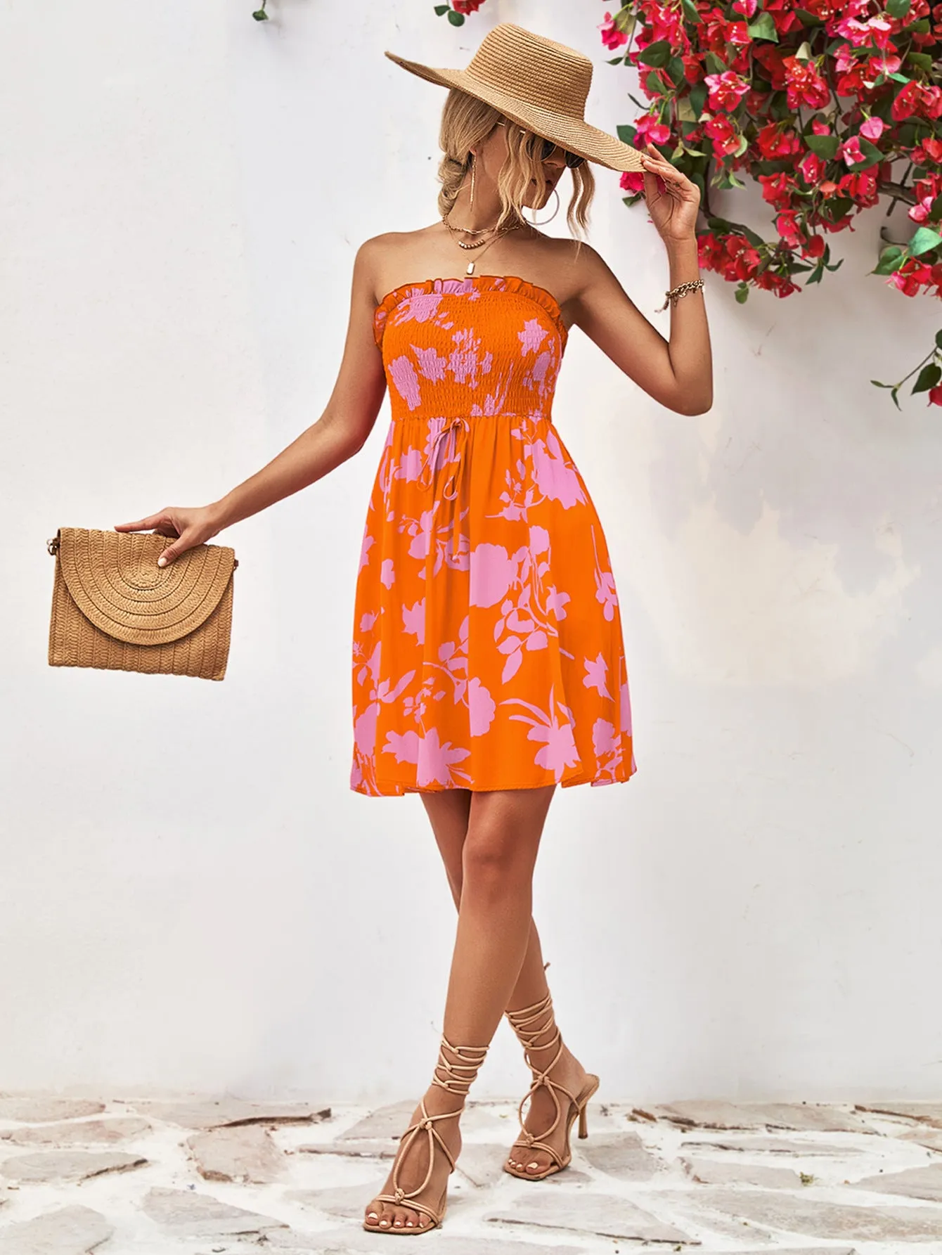 *APP EXCLUSIVE* Floral Frill Trim Strapless Smocked Dress