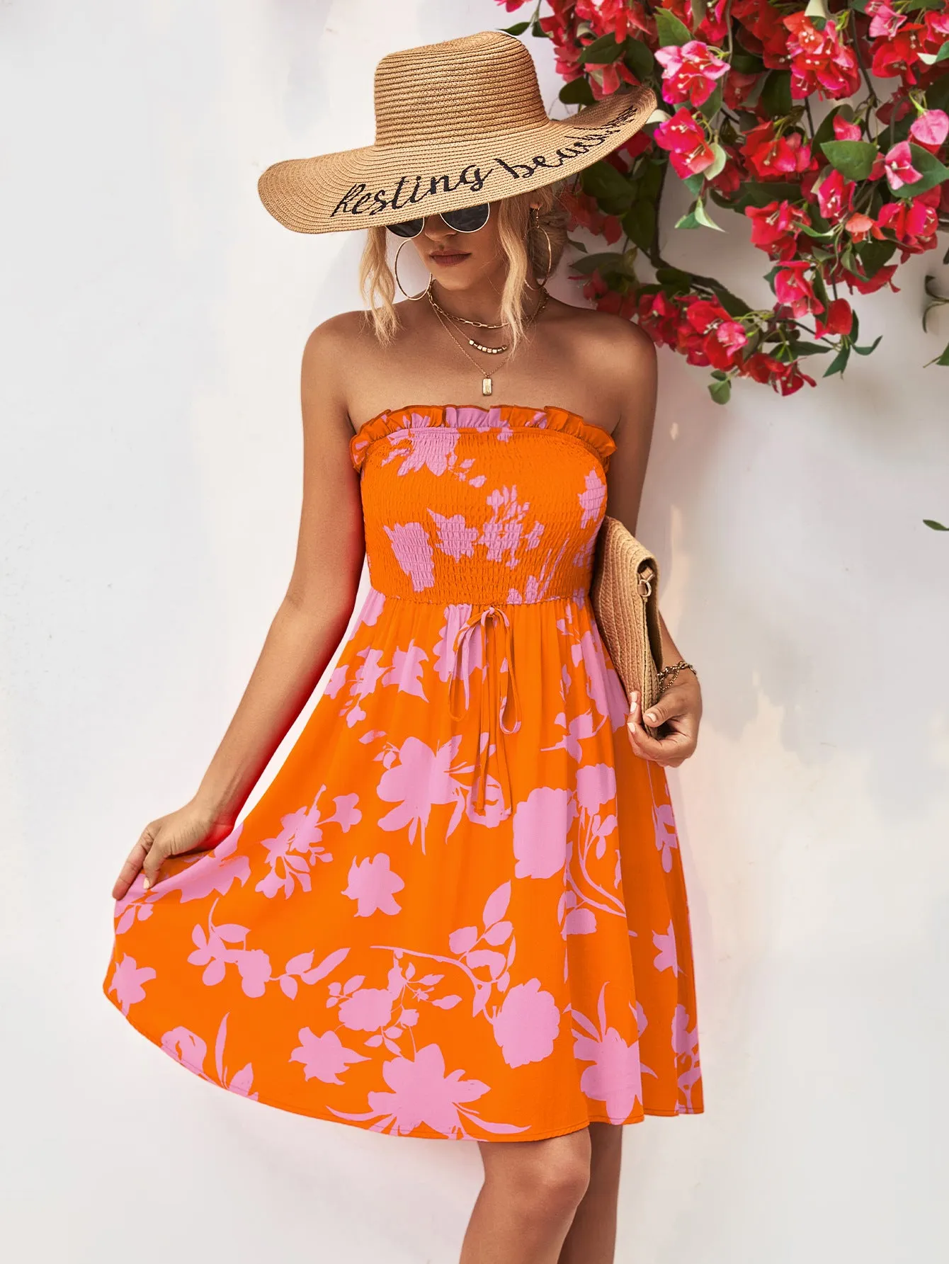 *APP EXCLUSIVE* Floral Frill Trim Strapless Smocked Dress
