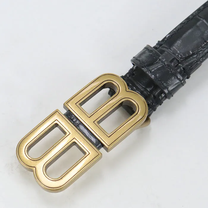 BALENCIAGA 673518 Slim belt/B belt Calfskin/metal black gold Women
