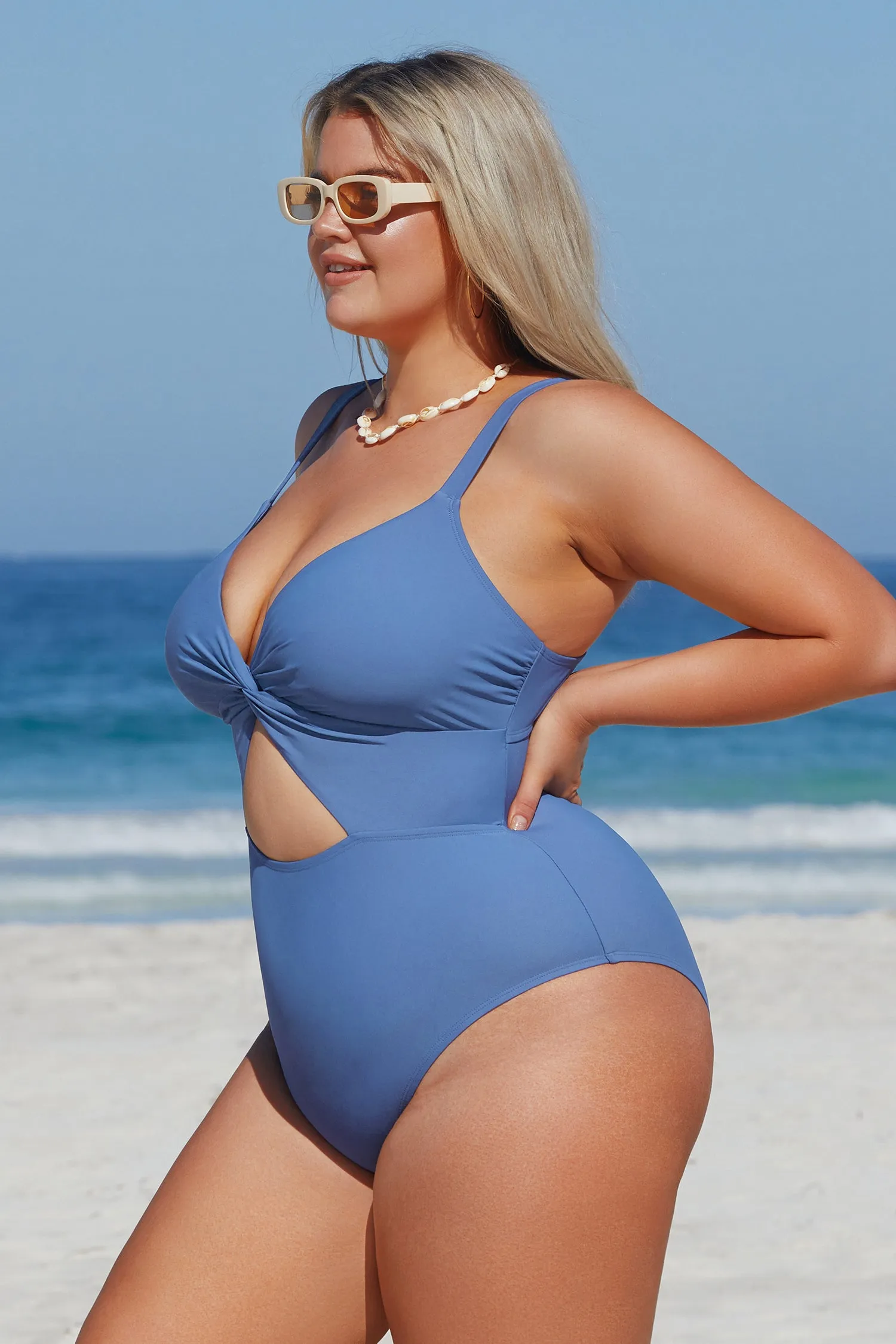 Blue Twist Front Cutout Plus Size One Piece Swimsuit