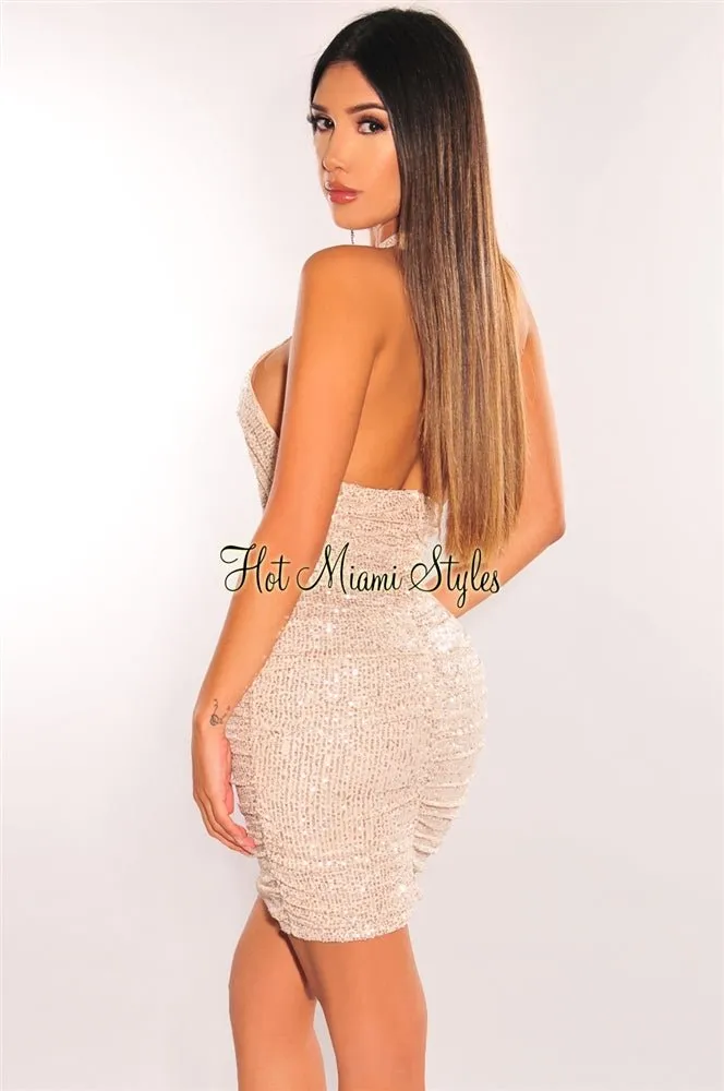 Champagne Sequins Halter CrissCross Cut Out Ruched Dress
