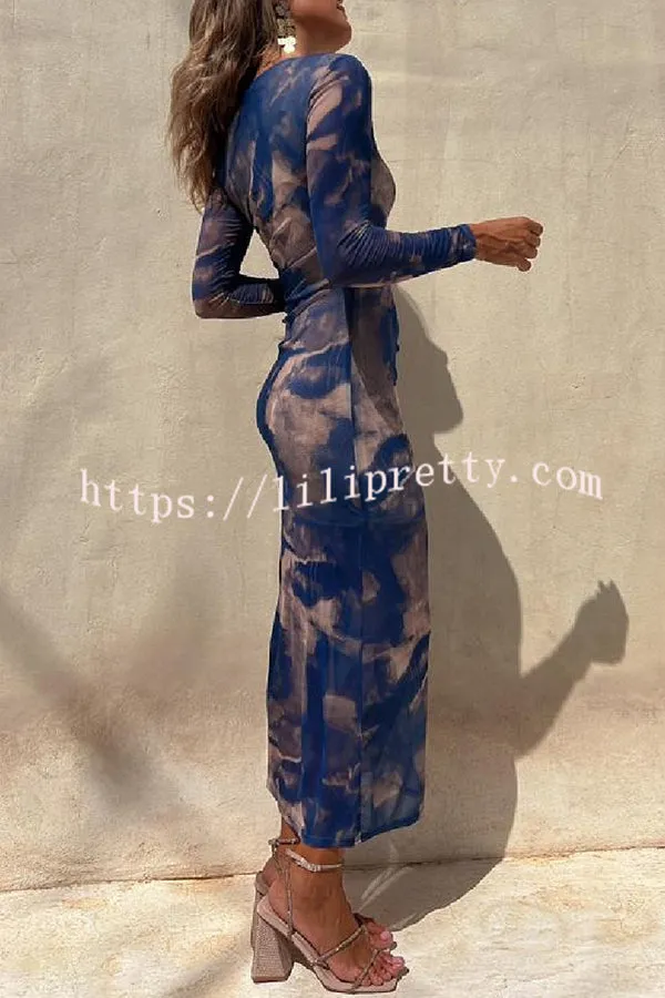 Charm Lady Mesh Overlay Tie Dye Print Long Sleeve Ruched Stretch Midi Dress