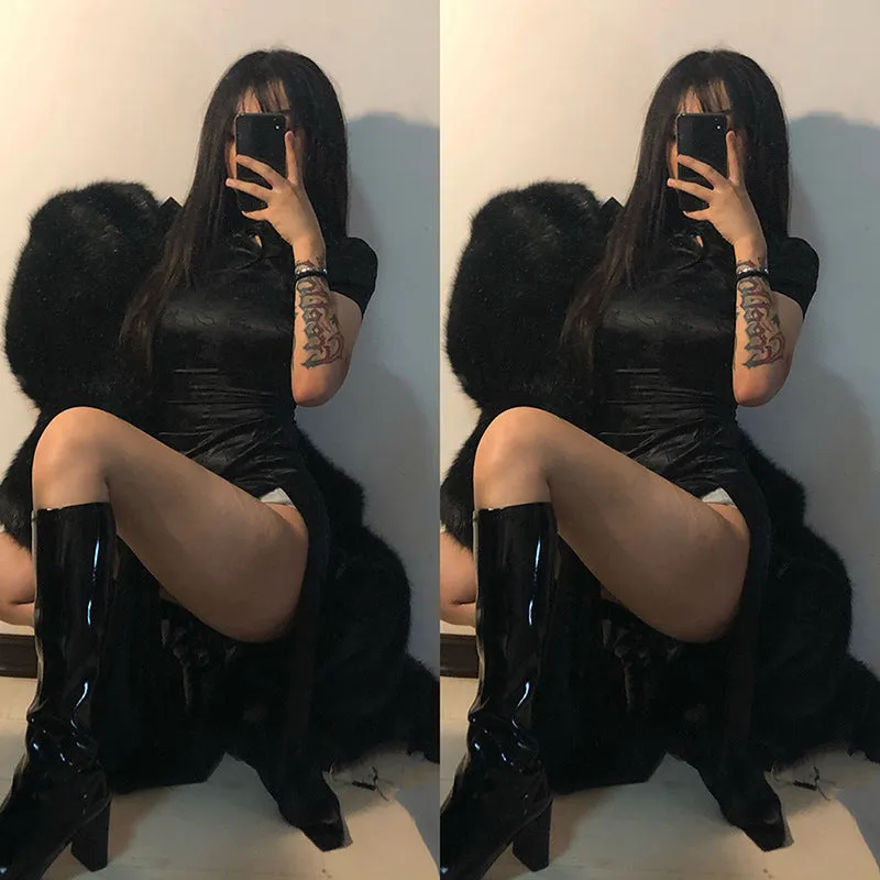 DEANWANGKT  Cross Border New 2019 Winter Chinese Style  Solid Color Embroidered Slim Split Cheongsam Dress Women