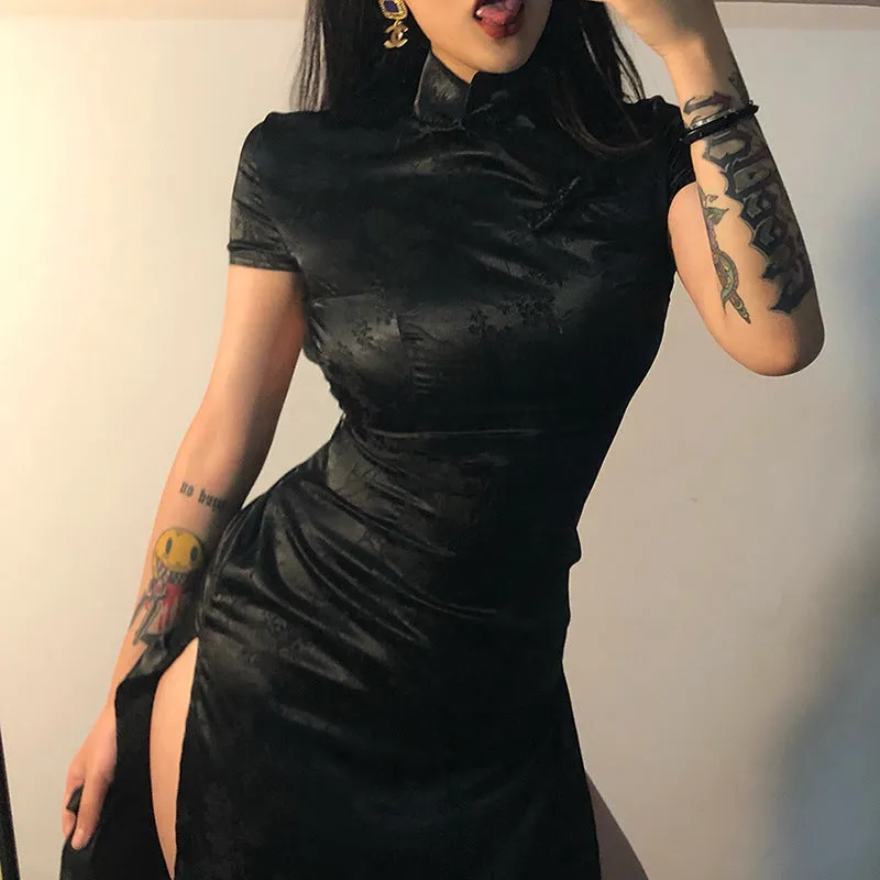 DEANWANGKT  Cross Border New 2019 Winter Chinese Style  Solid Color Embroidered Slim Split Cheongsam Dress Women