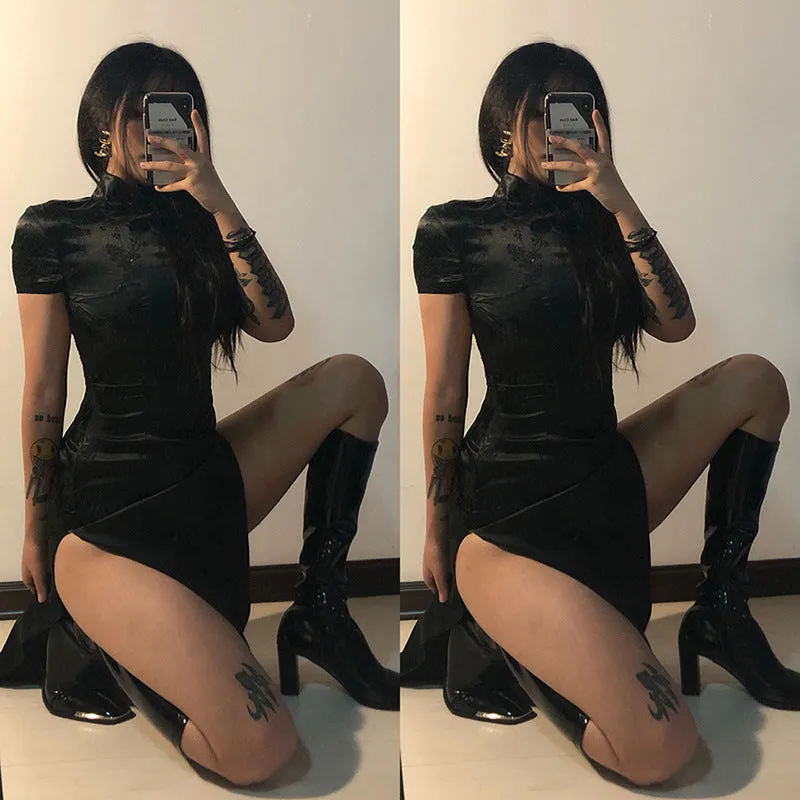 DEANWANGKT  Cross Border New 2019 Winter Chinese Style  Solid Color Embroidered Slim Split Cheongsam Dress Women