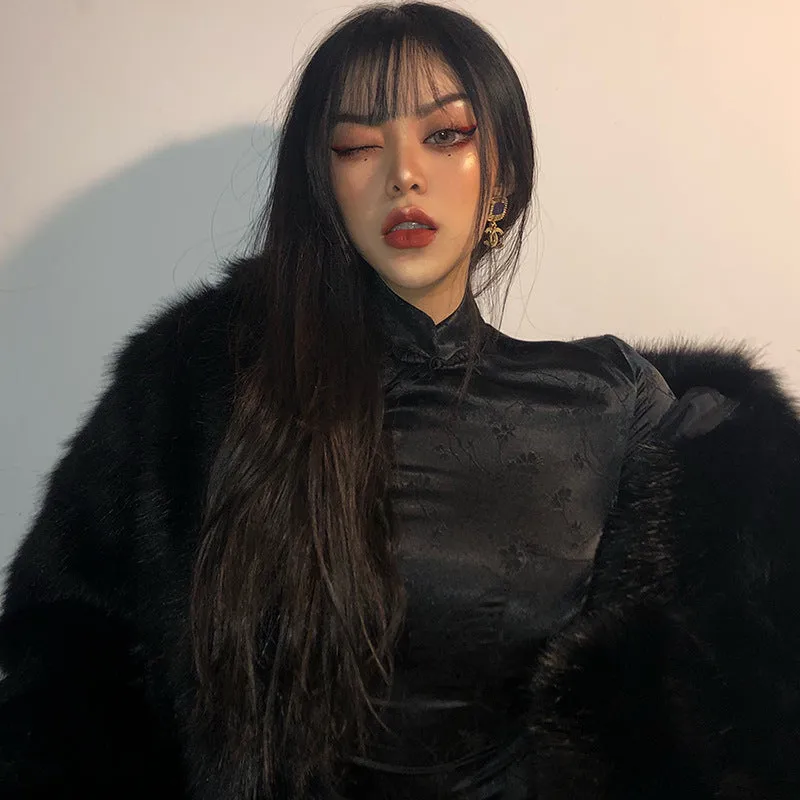 DEANWANGKT  Cross Border New 2019 Winter Chinese Style  Solid Color Embroidered Slim Split Cheongsam Dress Women