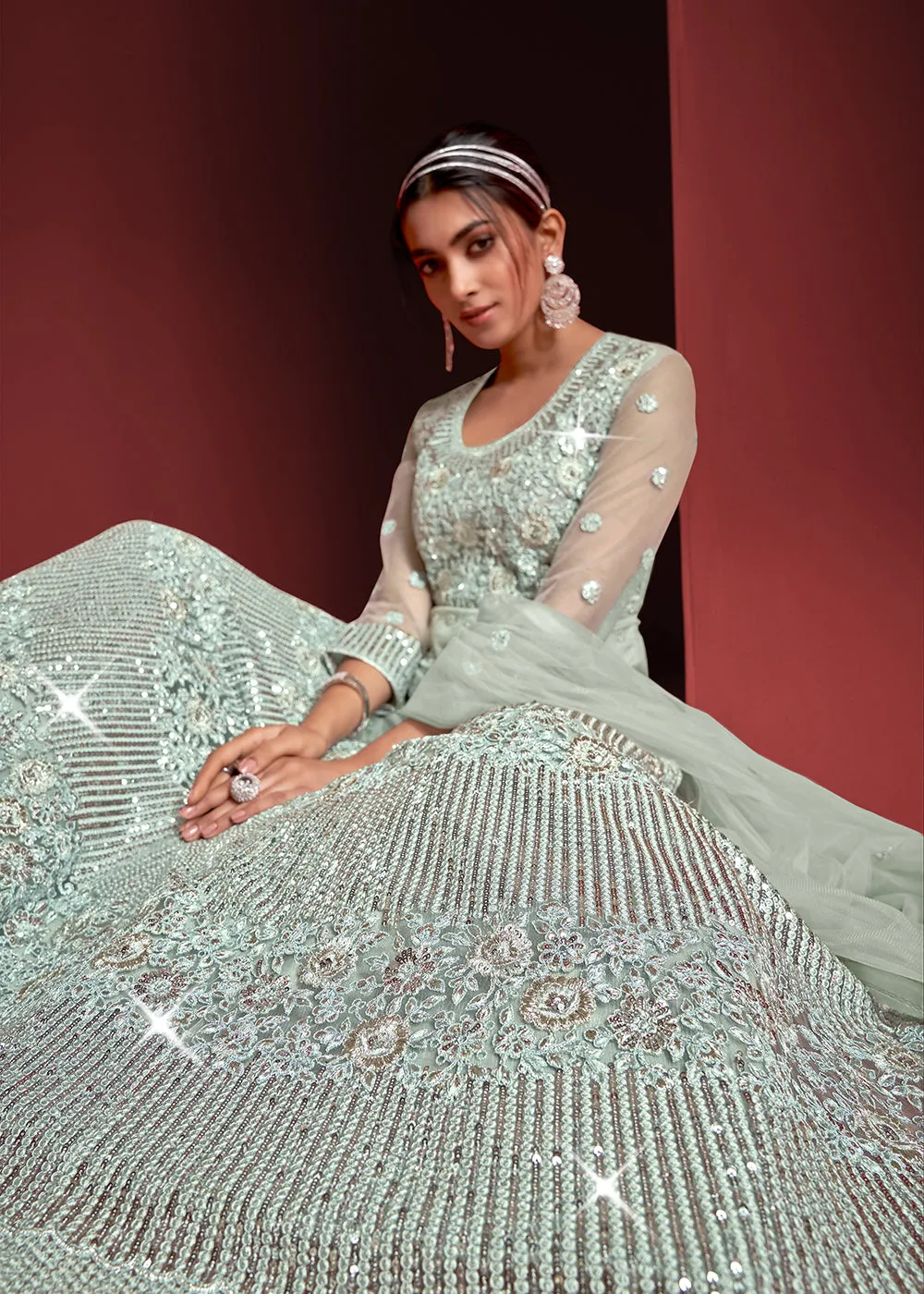 Festive Party Style Light Blue Embroidered Net Anarkali Gown