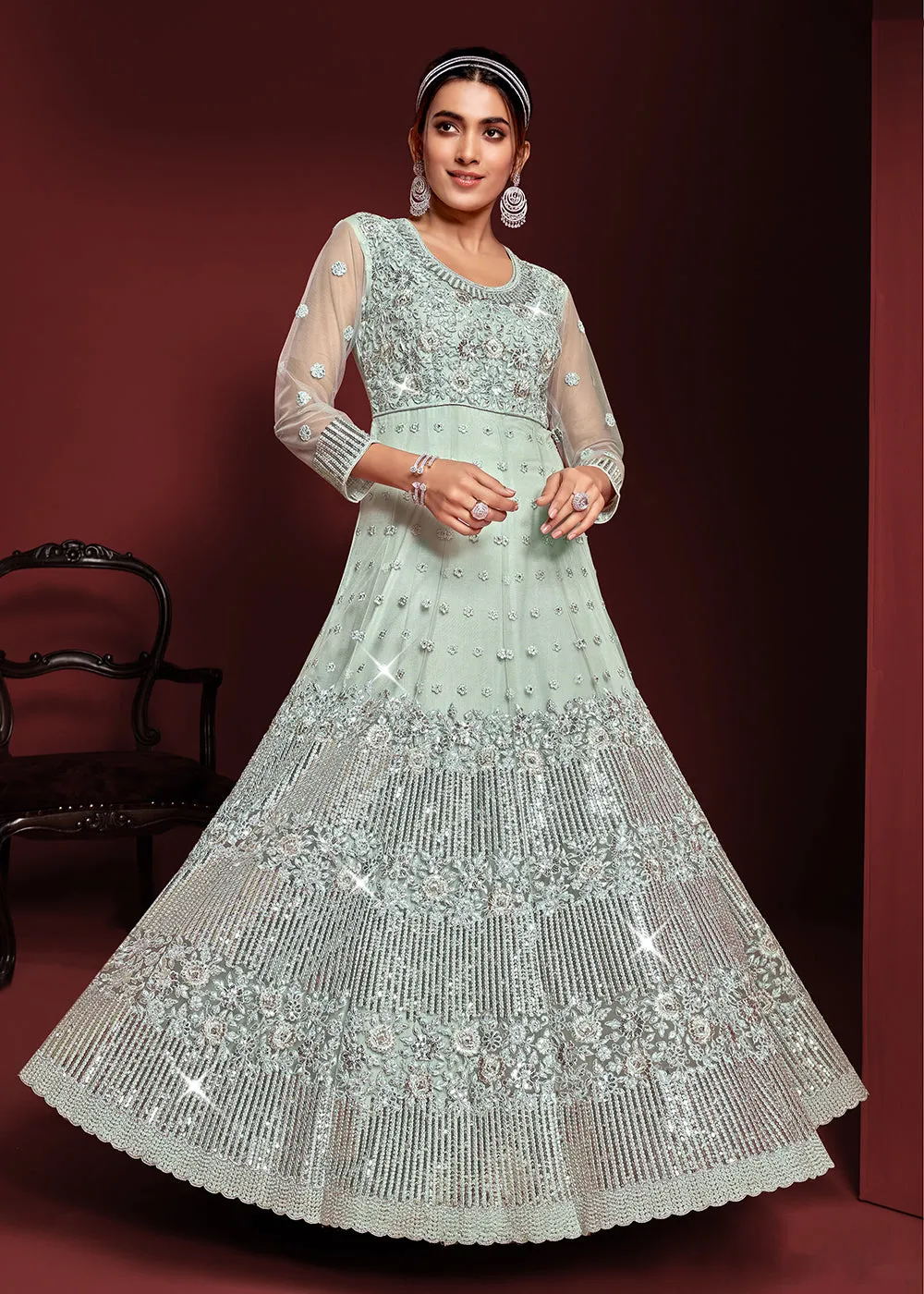 Festive Party Style Light Blue Embroidered Net Anarkali Gown