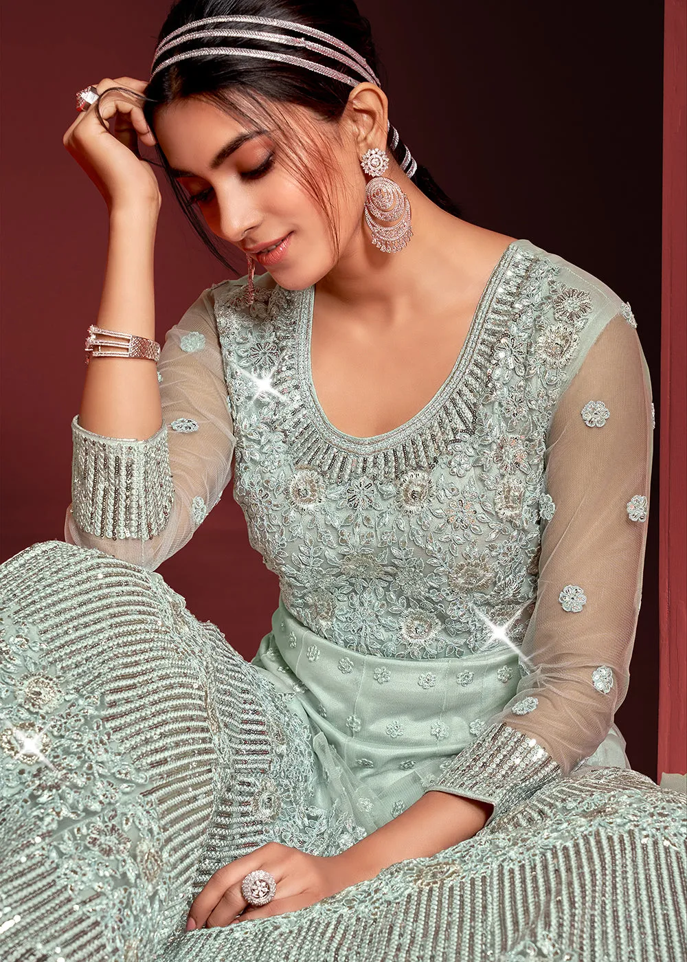 Festive Party Style Light Blue Embroidered Net Anarkali Gown