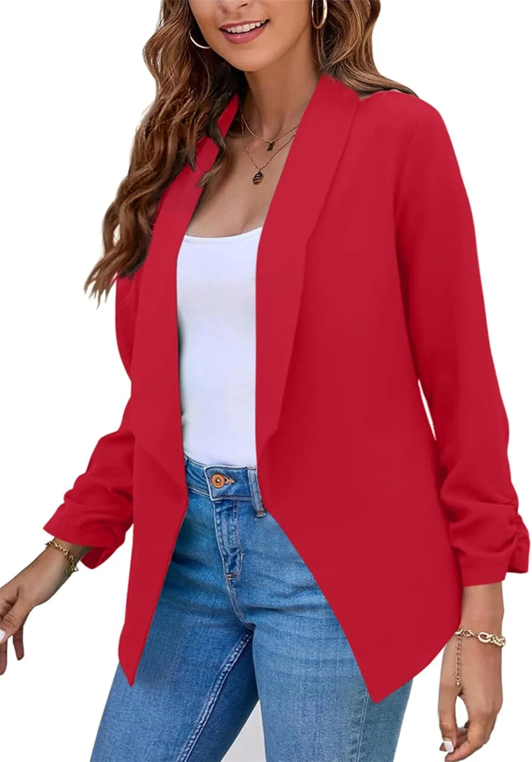 FLITAY Womens Long Sleeve Solid Color Blazer Open Front Elegant Work Jacket Fashion Casual Office Coat