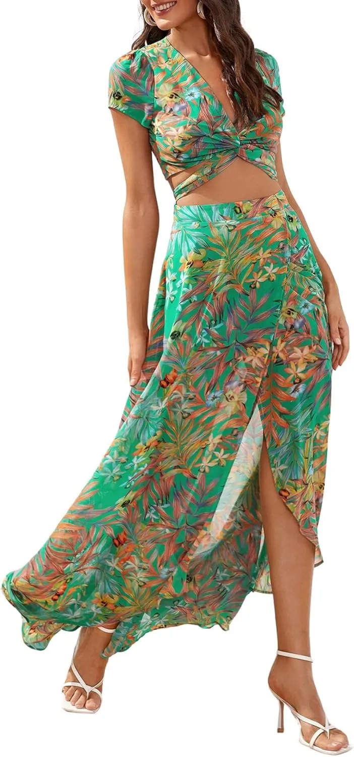 Floerns Women's 2 Piece Boho Twist Front Top and High Split Maxi Skirt Set