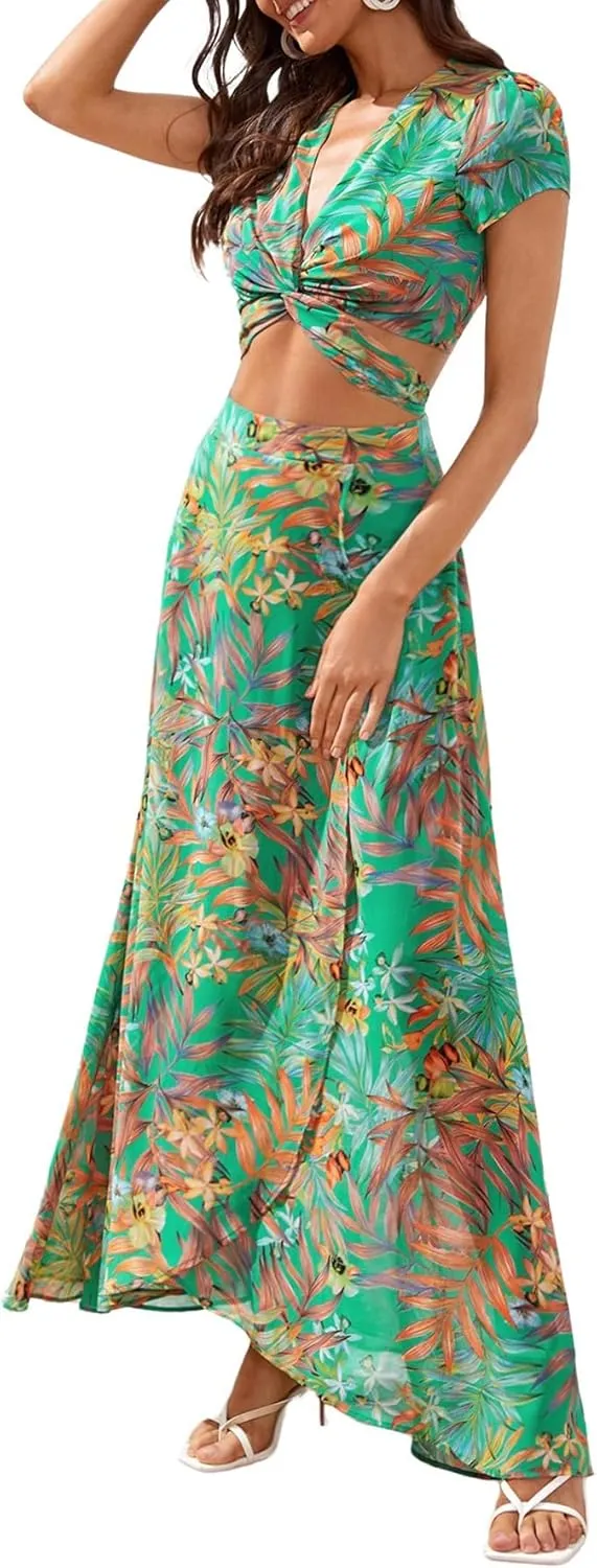 Floerns Women's 2 Piece Boho Twist Front Top and High Split Maxi Skirt Set