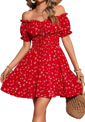 Floerns Women's Boho Floral Print Off Shoulder Ruffle Puff Sleeve Smocked Short Dress
