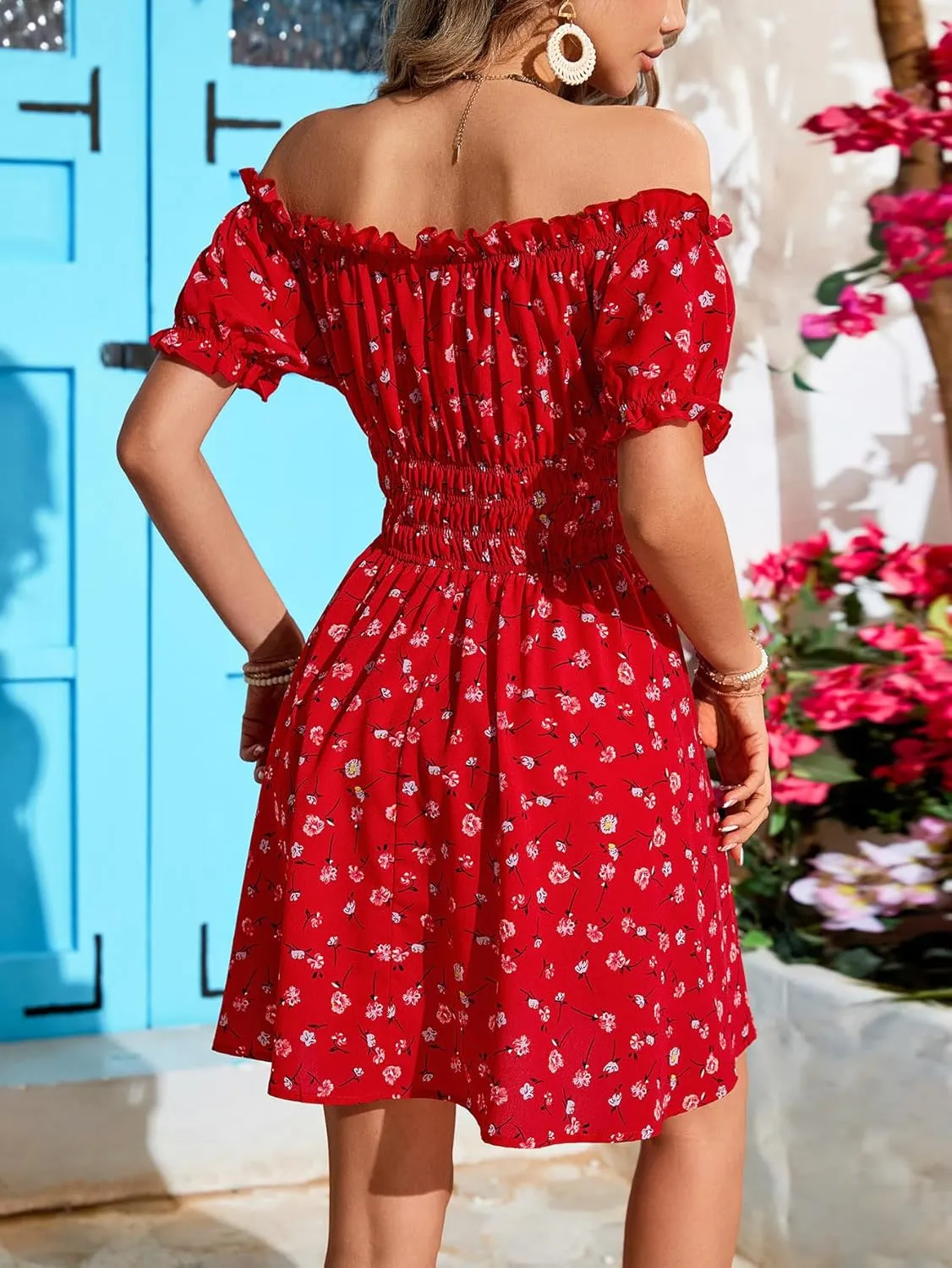 Floerns Women's Boho Floral Print Off Shoulder Ruffle Puff Sleeve Smocked Short Dress