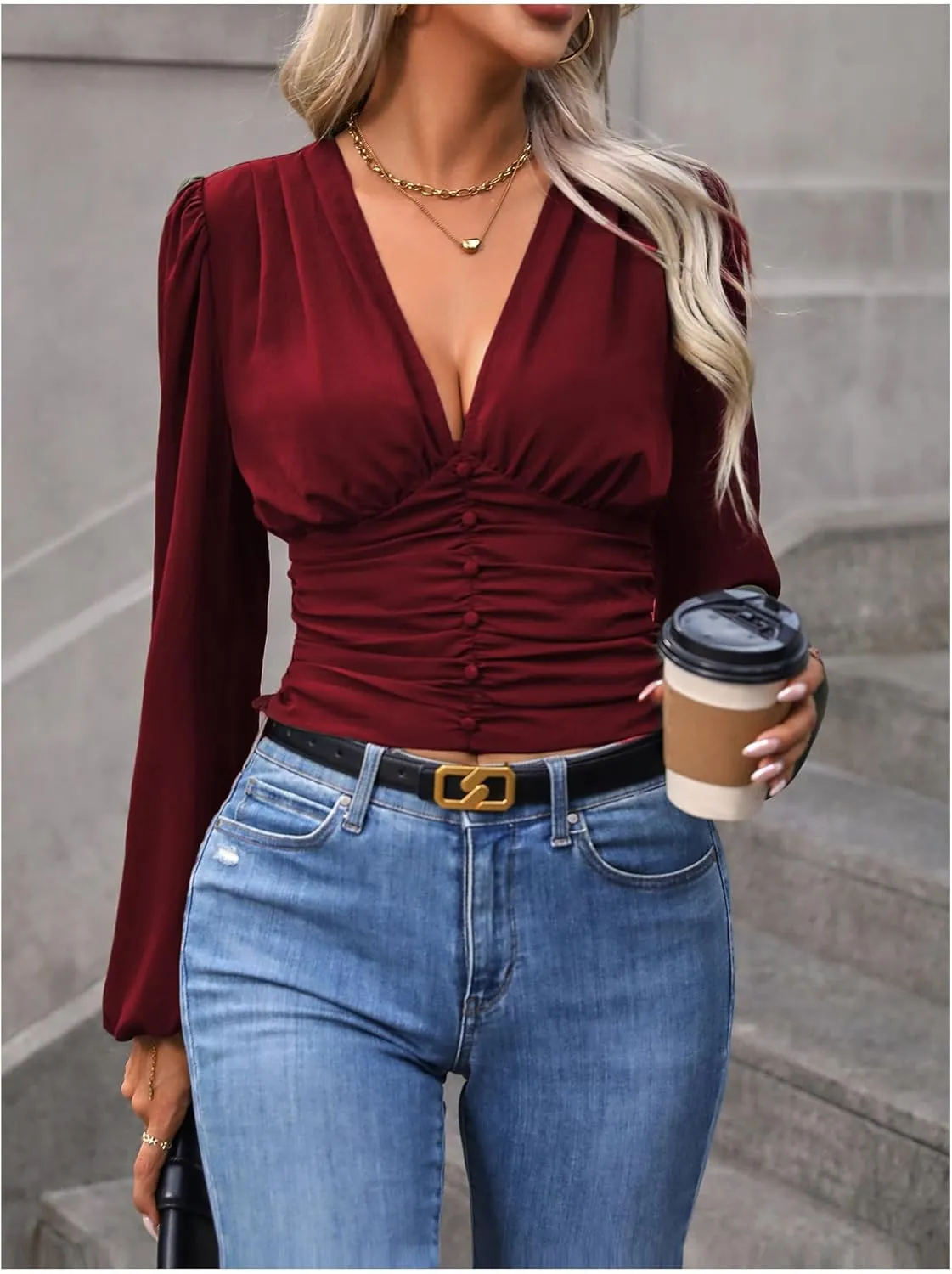 Floerns Women's Deep V Neck Ruched Blouse Bishop Long Sleeve Button Down Crop Shirt