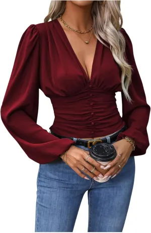 Floerns Women's Deep V Neck Ruched Blouse Bishop Long Sleeve Button Down Crop Shirt