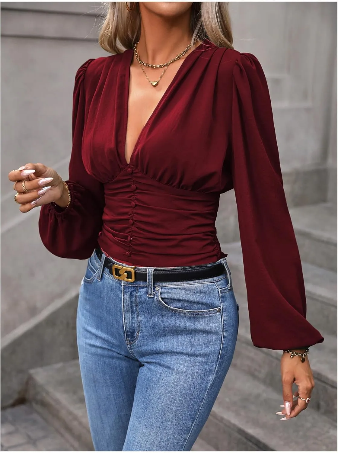 Floerns Women's Deep V Neck Ruched Blouse Bishop Long Sleeve Button Down Crop Shirt