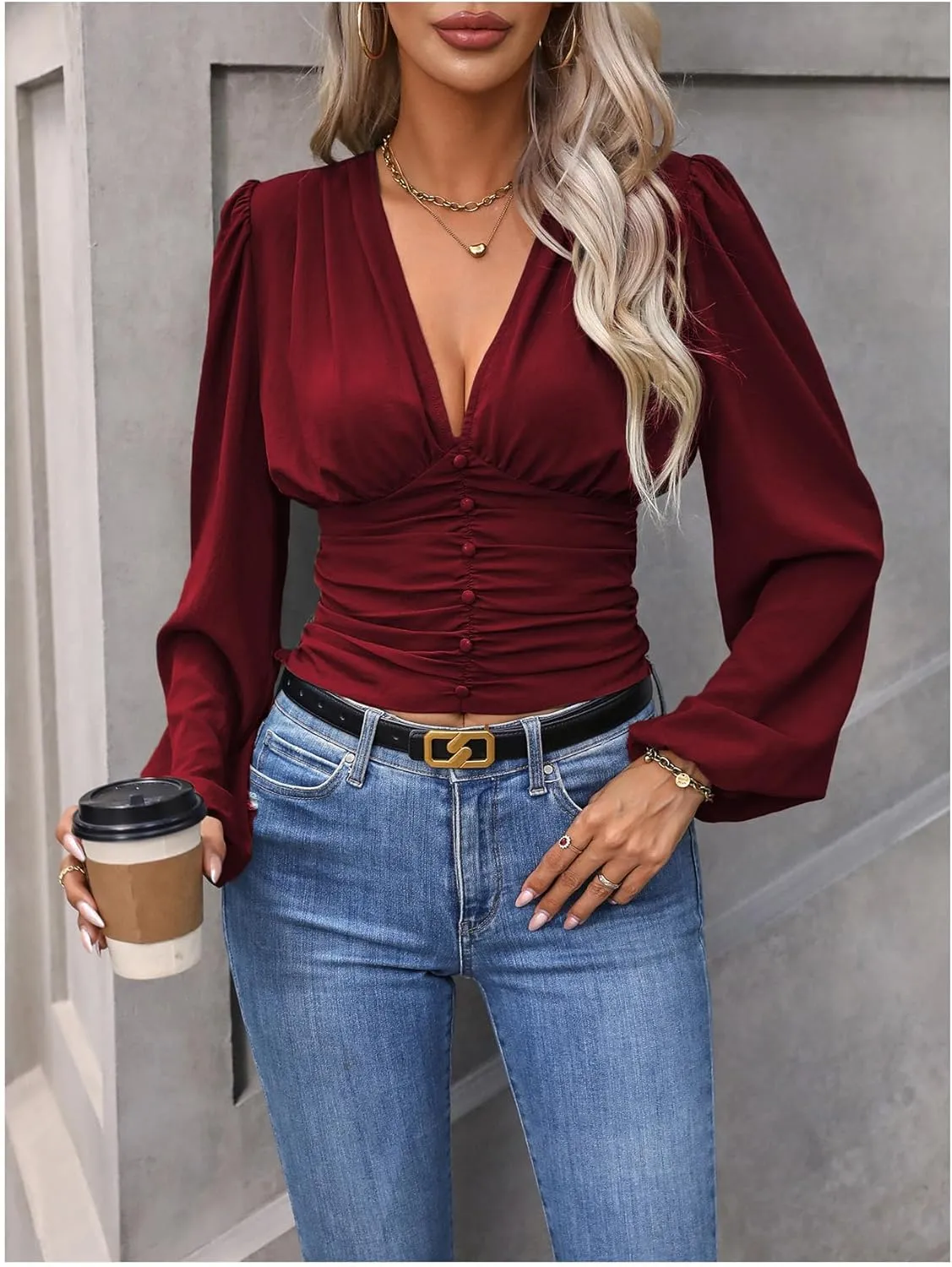 Floerns Women's Deep V Neck Ruched Blouse Bishop Long Sleeve Button Down Crop Shirt