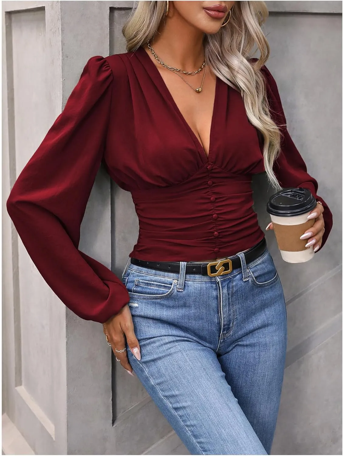 Floerns Women's Deep V Neck Ruched Blouse Bishop Long Sleeve Button Down Crop Shirt