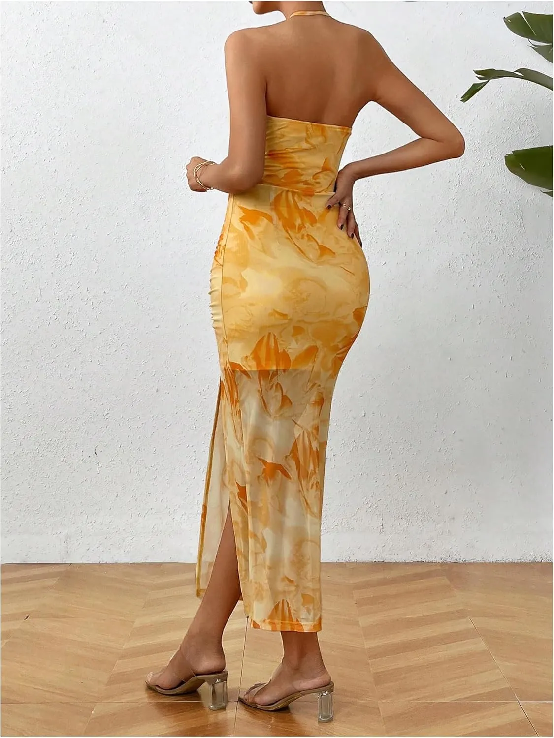 Floerns Women's Floral Drawstring Ruched Bodycon Halter Neck Midi Dress Tie Dye Cut Out Slit Hem Summer Dress Sundresses