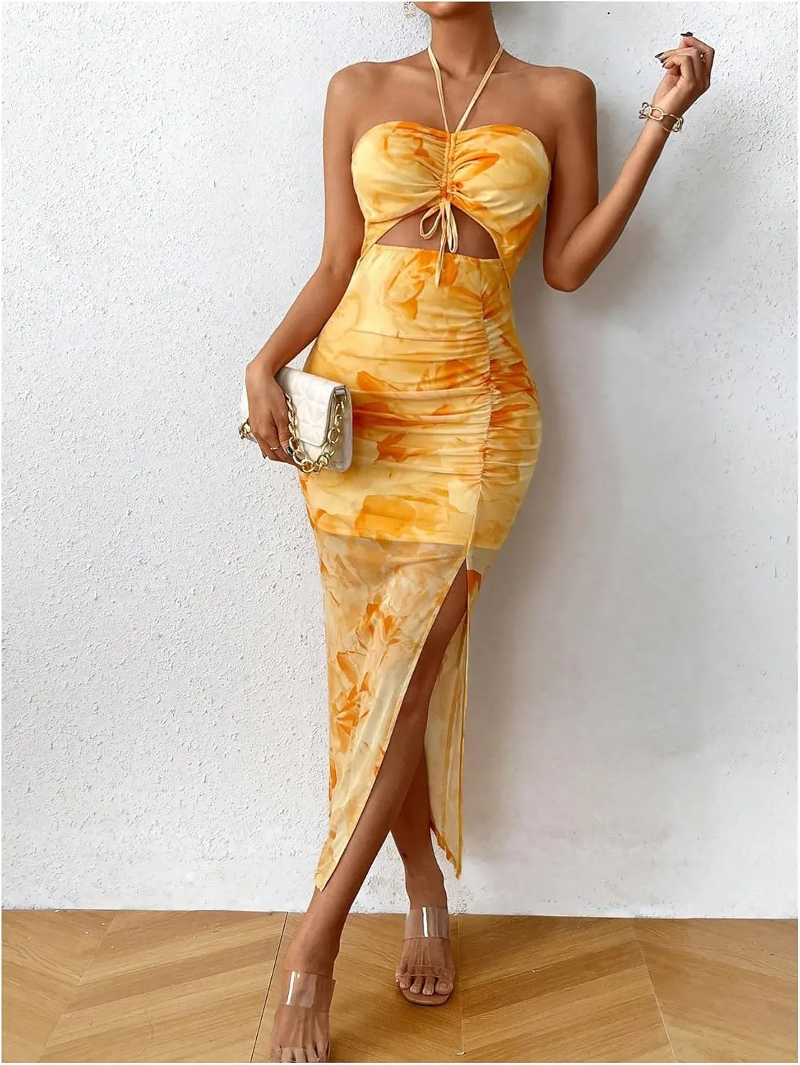 Floerns Women's Floral Drawstring Ruched Bodycon Halter Neck Midi Dress Tie Dye Cut Out Slit Hem Summer Dress Sundresses