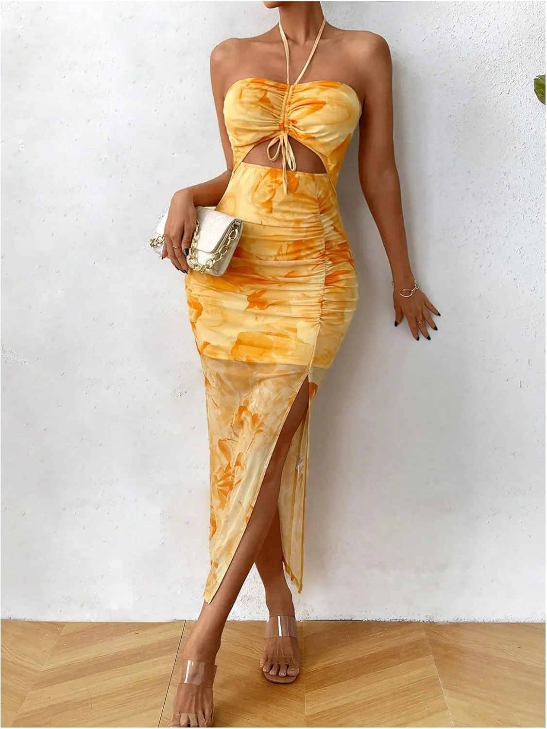 Floerns Women's Floral Drawstring Ruched Bodycon Halter Neck Midi Dress Tie Dye Cut Out Slit Hem Summer Dress Sundresses