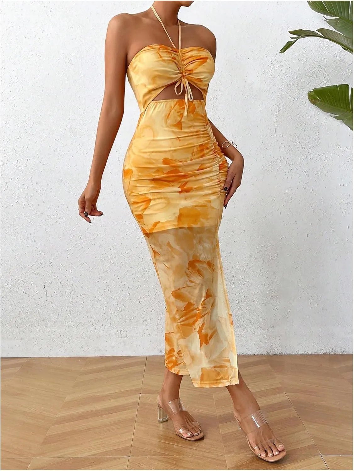 Floerns Women's Floral Drawstring Ruched Bodycon Halter Neck Midi Dress Tie Dye Cut Out Slit Hem Summer Dress Sundresses
