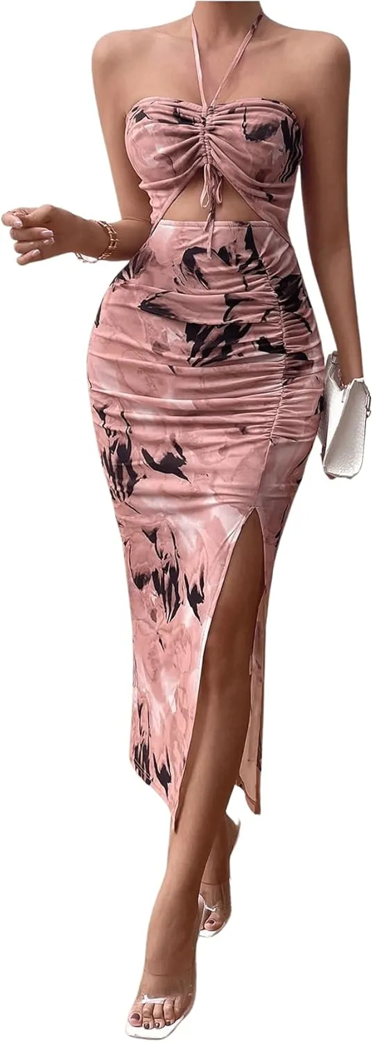 Floerns Women's Floral Drawstring Ruched Bodycon Halter Neck Midi Dress Tie Dye Cut Out Slit Hem Summer Dress Sundresses