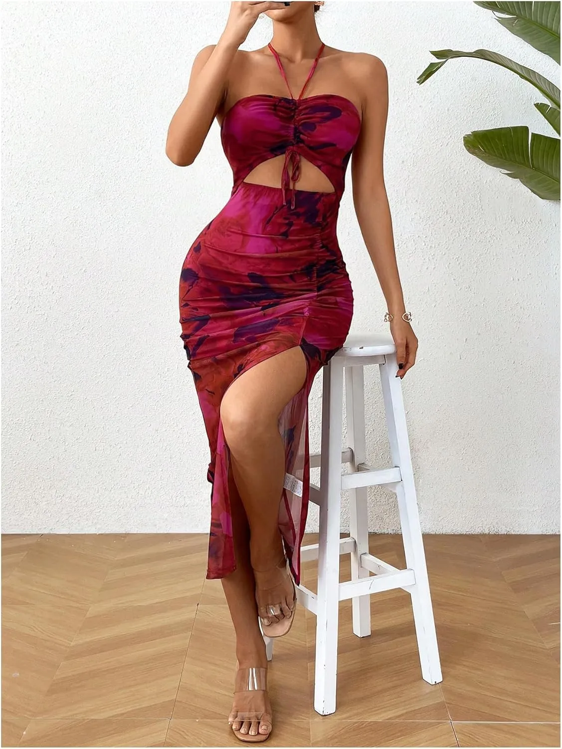 Floerns Women's Floral Drawstring Ruched Bodycon Halter Neck Midi Dress Tie Dye Cut Out Slit Hem Summer Dress Sundresses