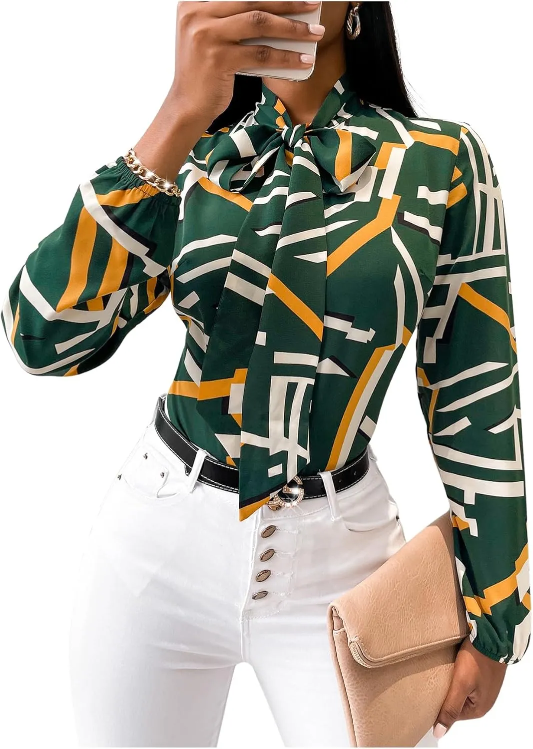 Floerns Women's Geometric Bow Tied Neck Lantern Long Sleeve Office Elegant Blouse Tops