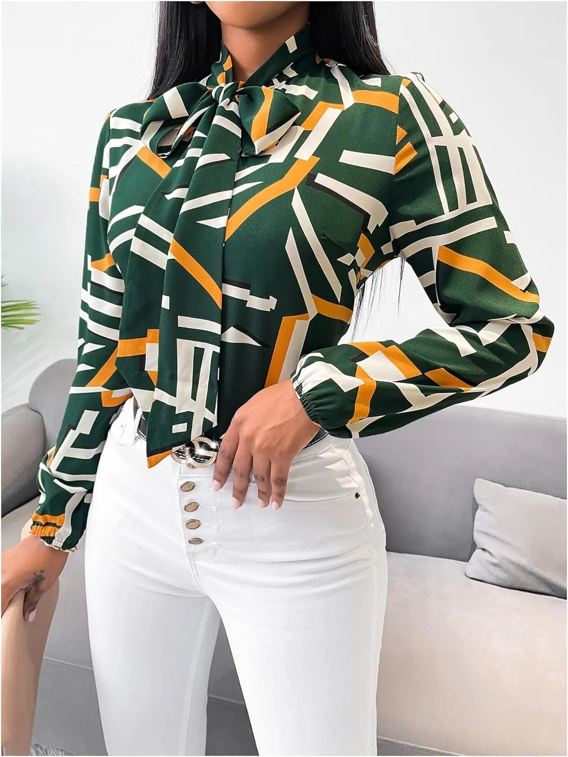 Floerns Women's Geometric Bow Tied Neck Lantern Long Sleeve Office Elegant Blouse Tops