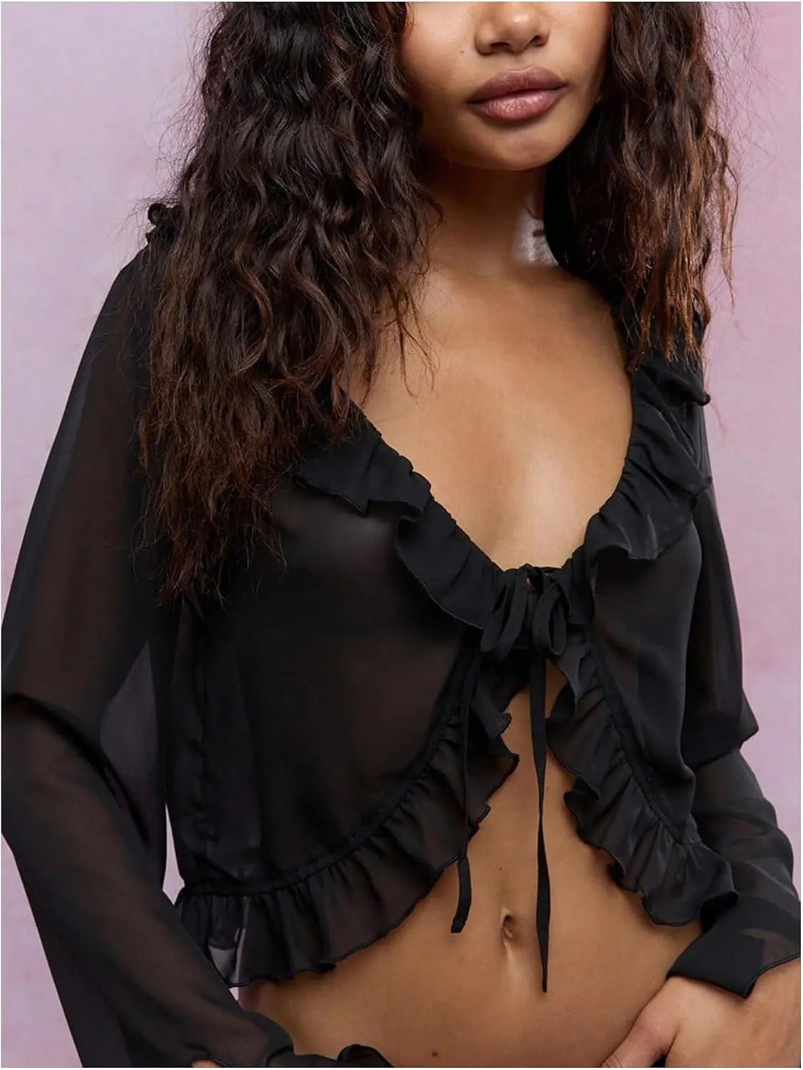 Floerns Women's Sheer Mesh Ruffle Trim V Neck Tie Front Shirts Long Sleeve Crop Tops