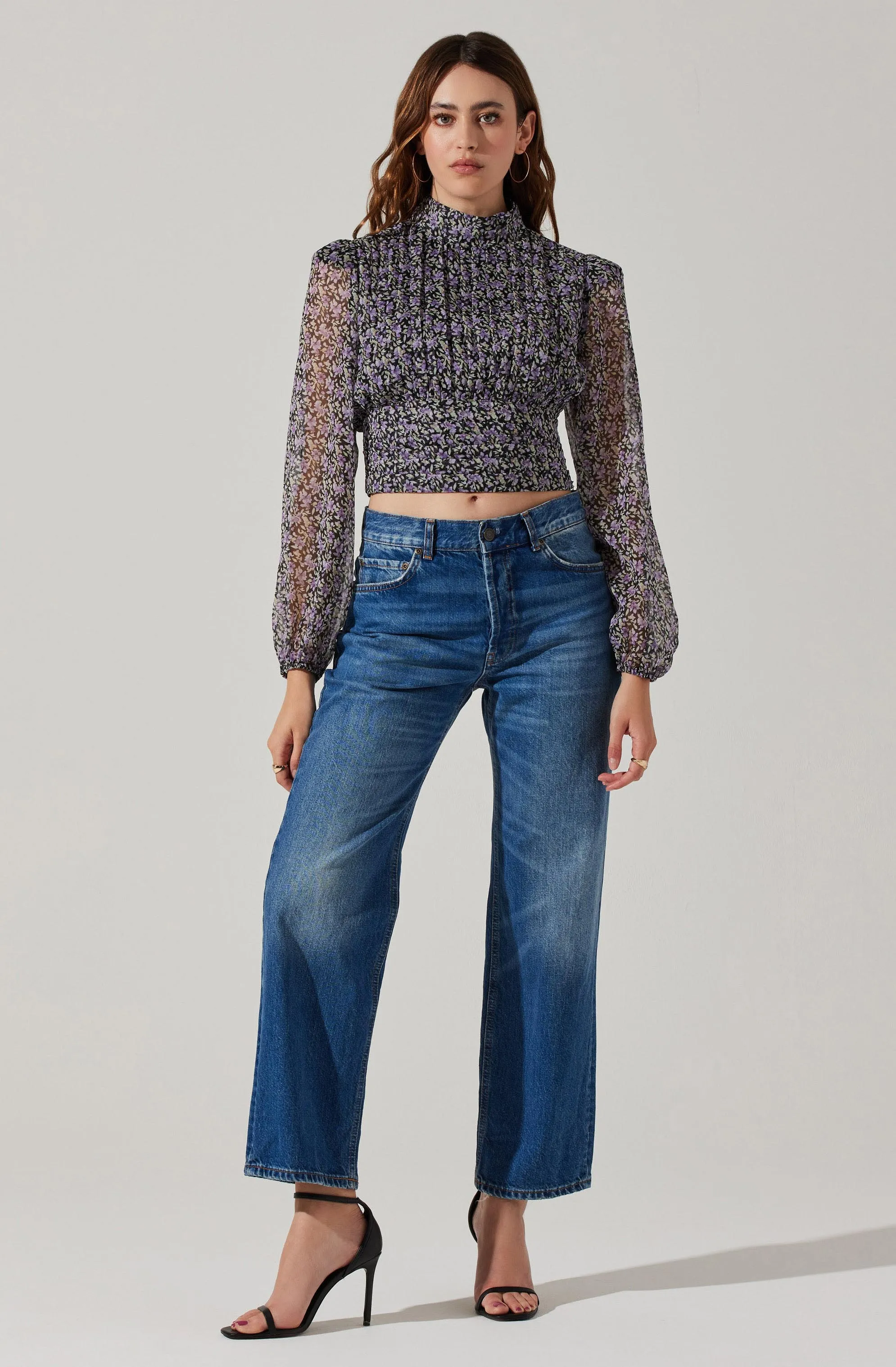 Floral Puff Sleeve Mock Neck Top
