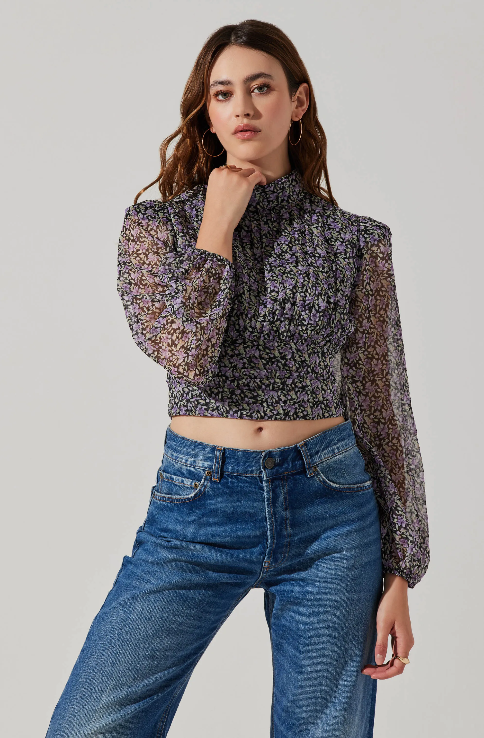 Floral Puff Sleeve Mock Neck Top