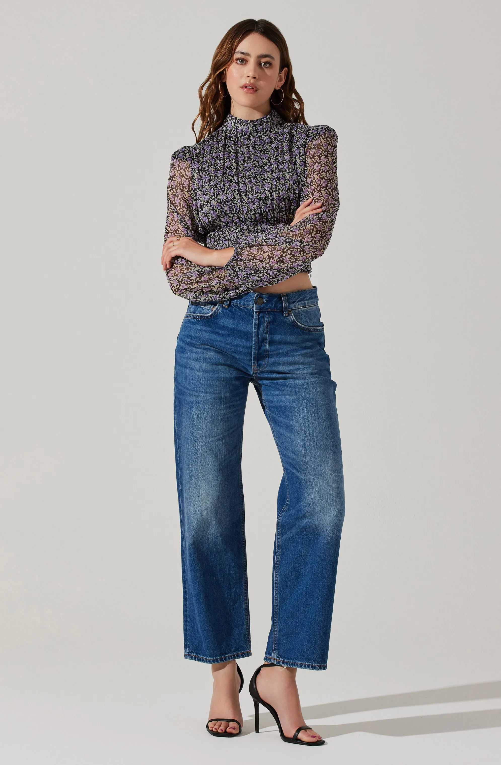 Floral Puff Sleeve Mock Neck Top