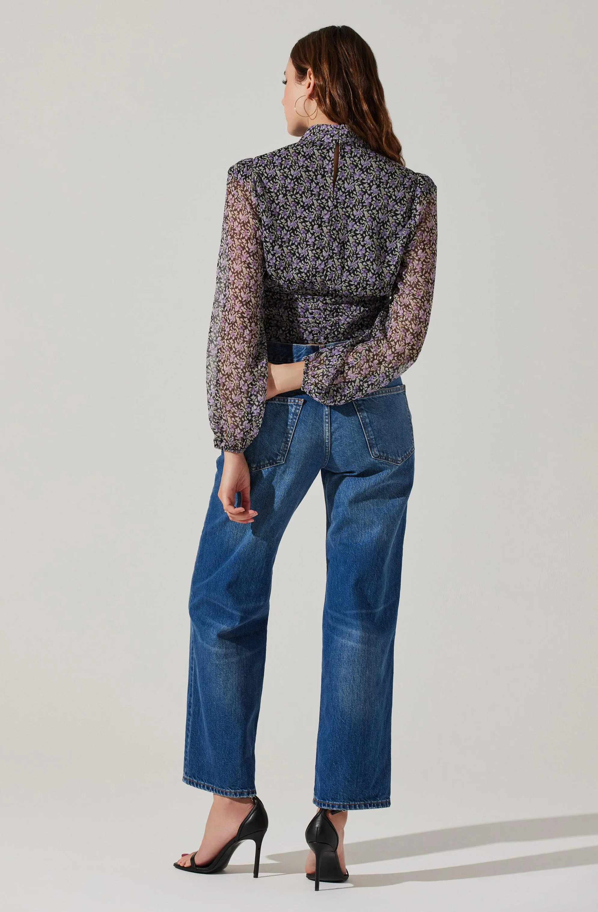 Floral Puff Sleeve Mock Neck Top