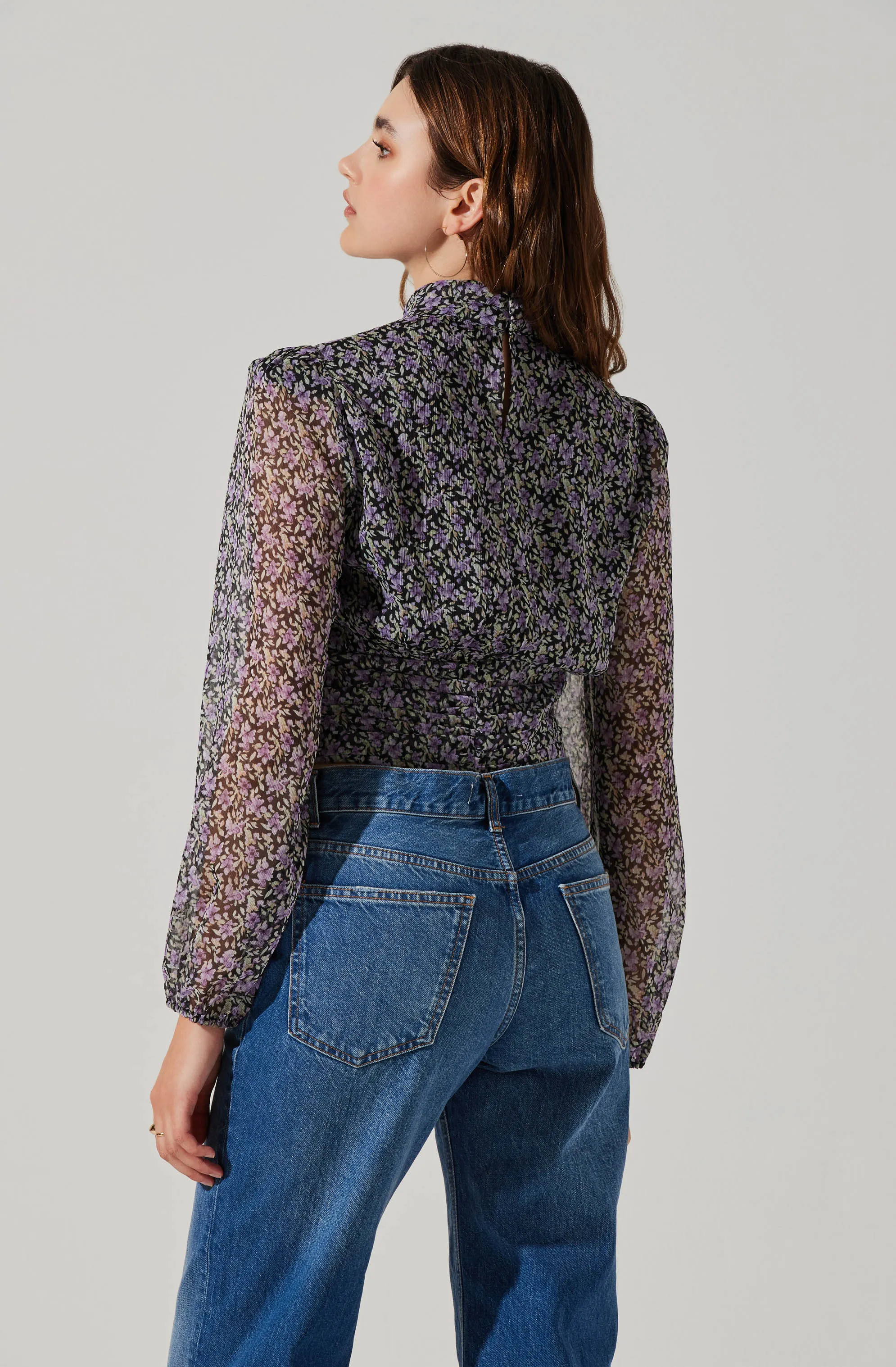 Floral Puff Sleeve Mock Neck Top